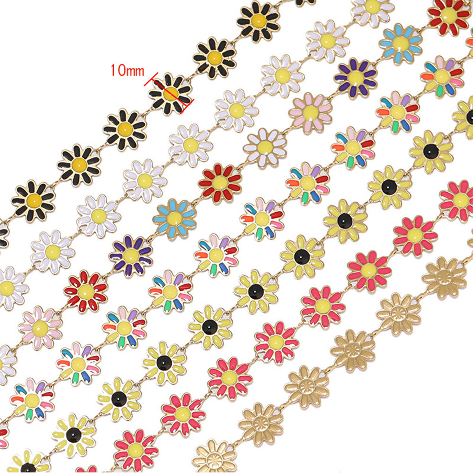 Bild von 304 Edelstahl Handgefertigte Gliederkette Blumen Vergoldet Bunt Emaille 10mm, 1 Meter