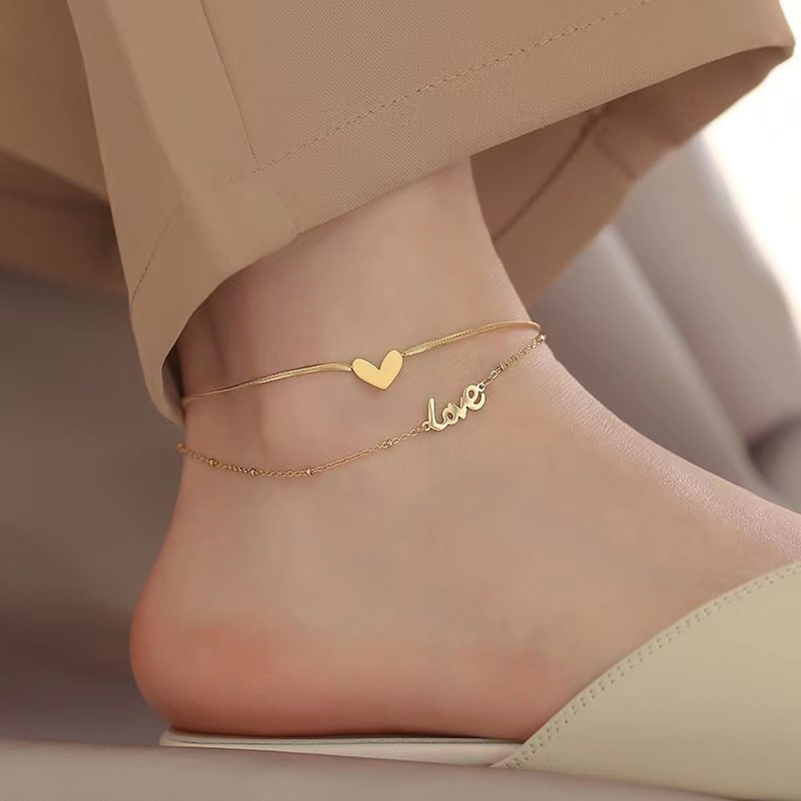 Bild von 304 Edelstahl Stilvoll Schmuckkette Kette Mehrschichtige Fußkette Bunt Herz Nachricht " LOVE " 20cm lang, 1 Strang