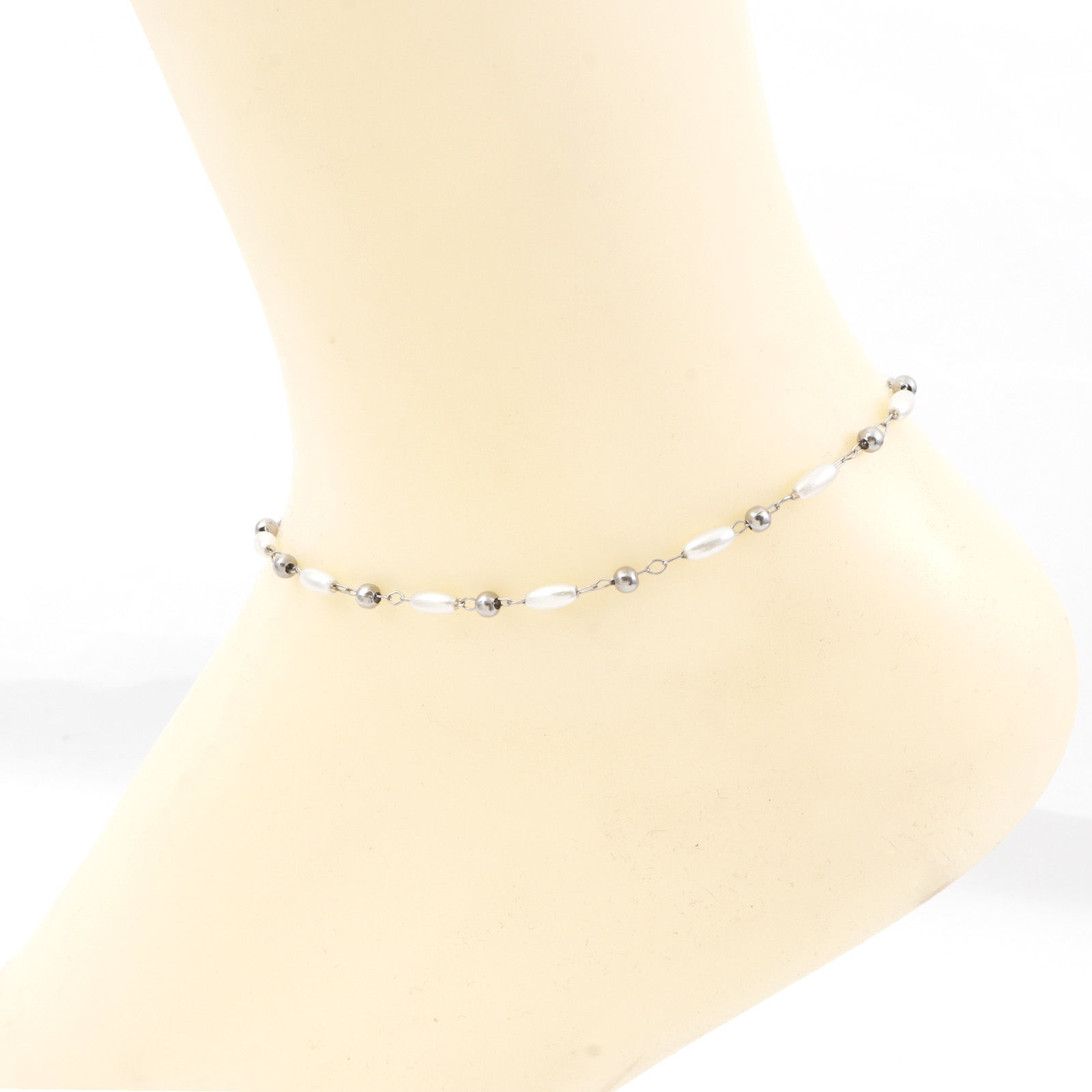Bild von 304 Edelstahl Einfach Handgefertigte Gliederkette Fußketten Weiß Imitat Perle 22.5cm lang, 1 Strang