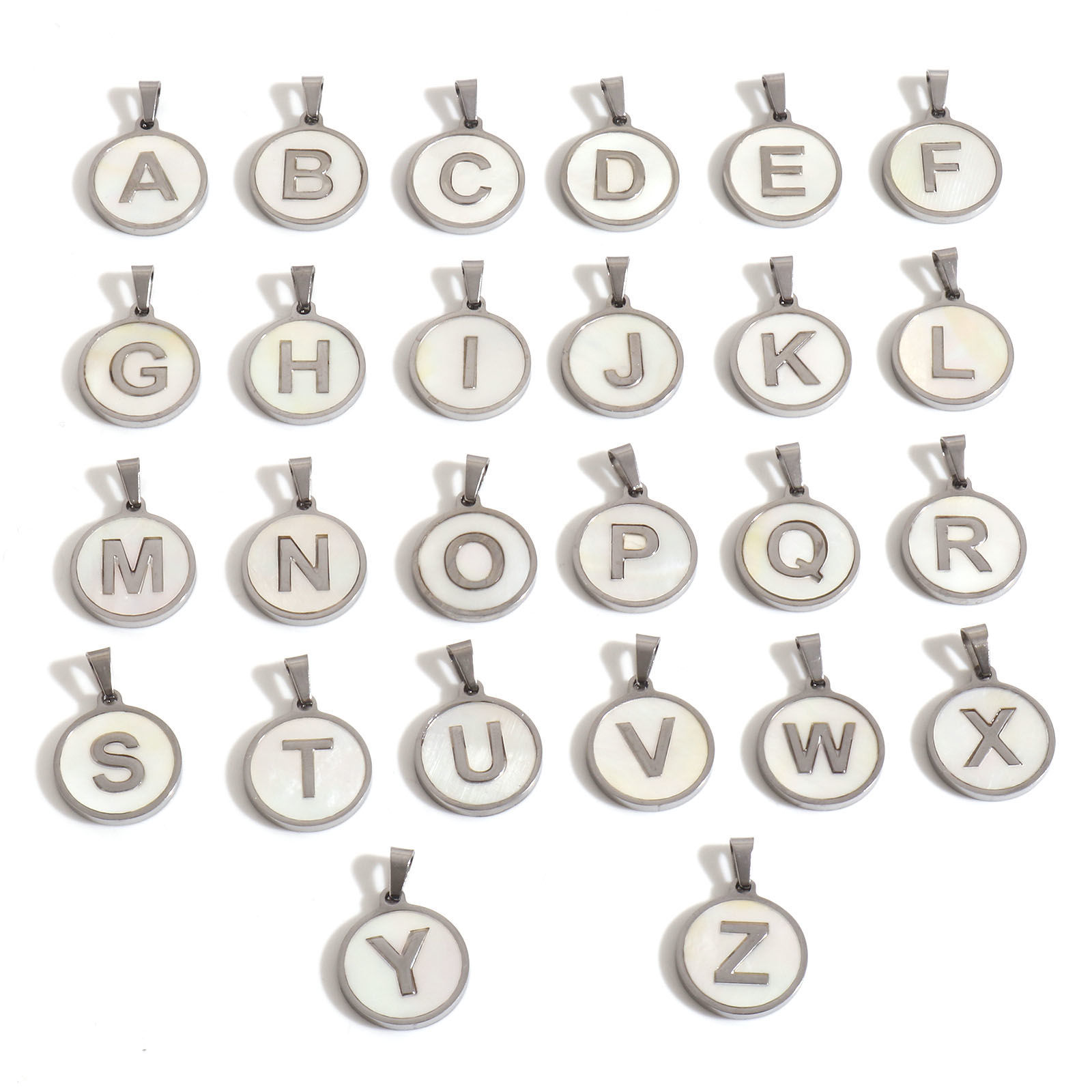 Picture of 304 Stainless Steel & Shell Charms Silver Tone White Round Initial Alphabet/ Capital Letter Message " A-Z " 24mm x 16mm