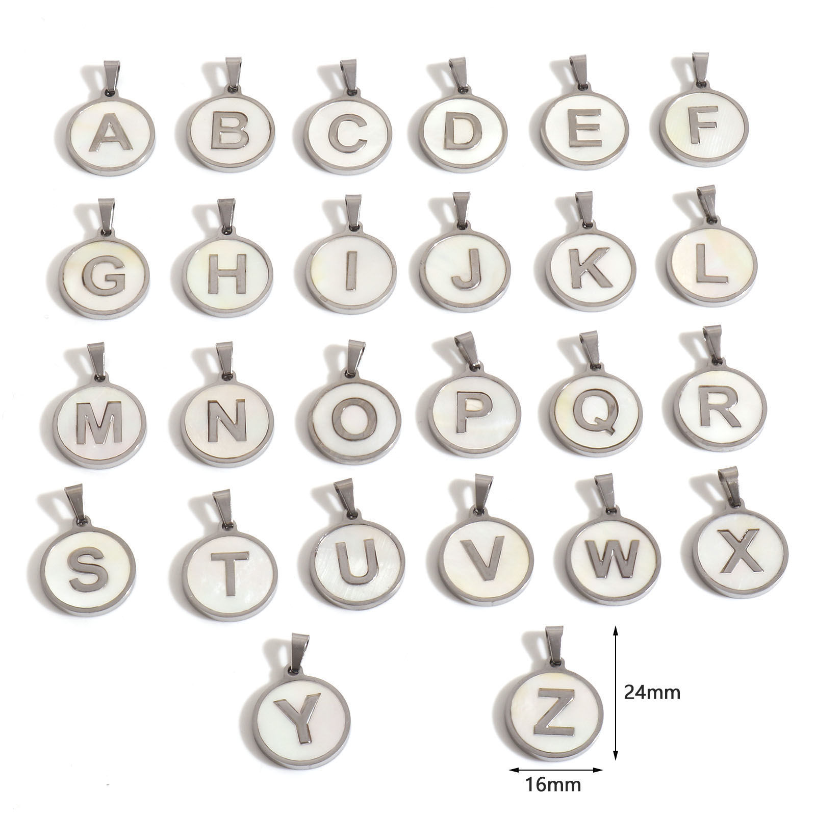 Picture of 304 Stainless Steel & Shell Charms Silver Tone White Round Initial Alphabet/ Capital Letter Message " A-Z " 24mm x 16mm