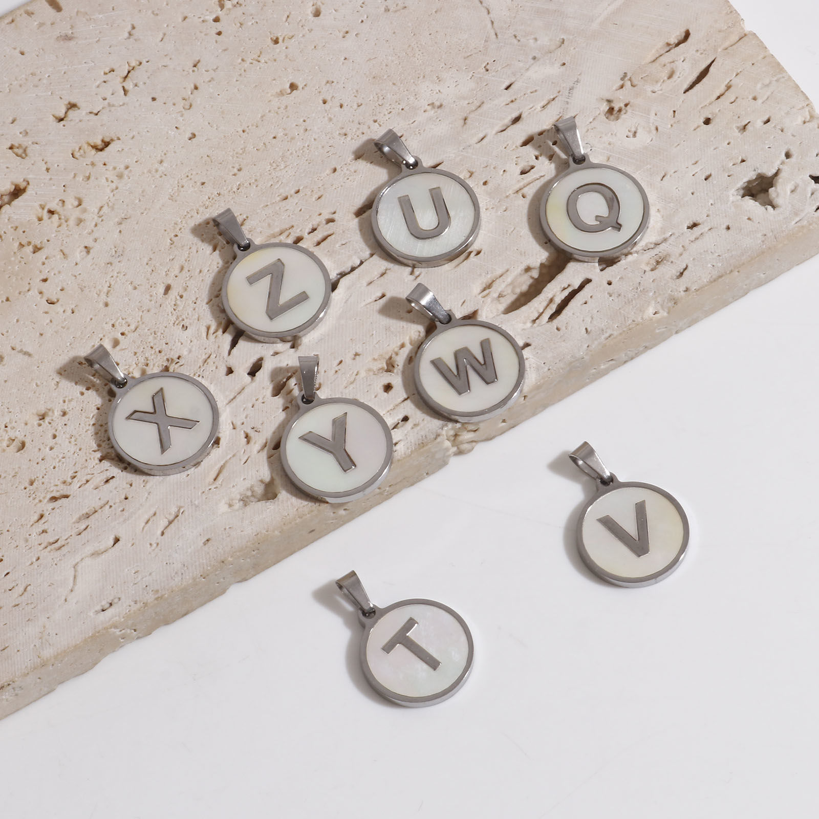 Picture of 304 Stainless Steel & Shell Charms Silver Tone White Round Initial Alphabet/ Capital Letter Message " A-Z " 24mm x 16mm