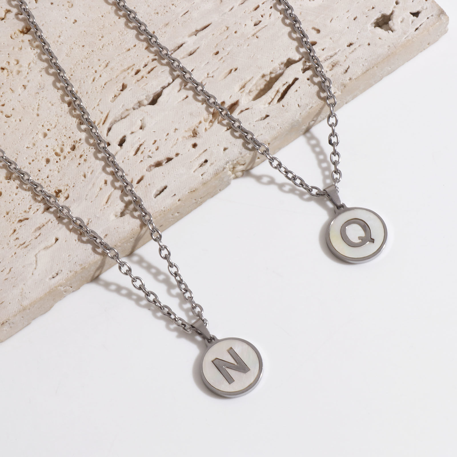Picture of 304 Stainless Steel & Shell Charms Silver Tone White Round Initial Alphabet/ Capital Letter Message " A-Z " 24mm x 16mm