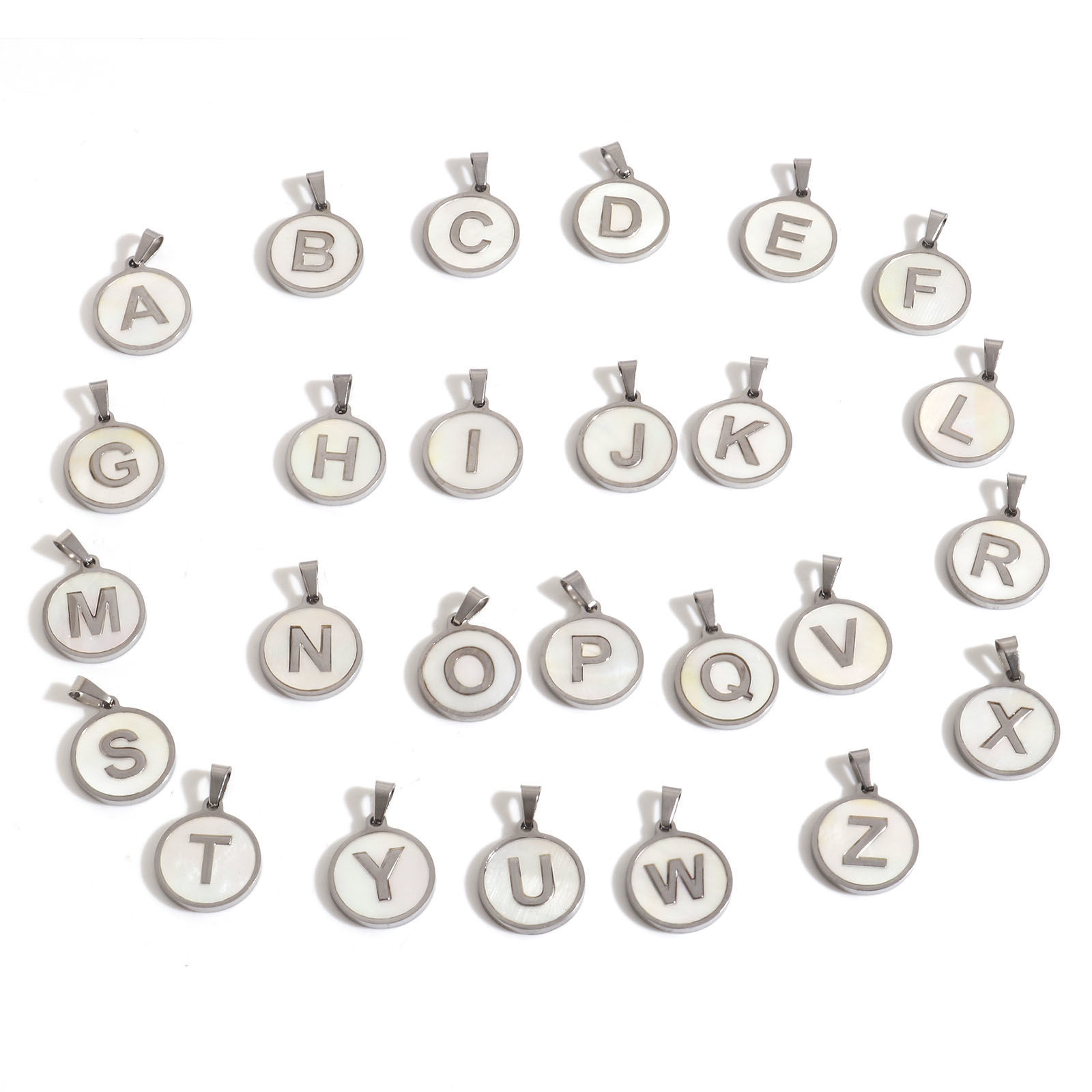 Picture of 304 Stainless Steel & Shell Charms Silver Tone White Round Initial Alphabet/ Capital Letter Message " A-Z " 24mm x 16mm