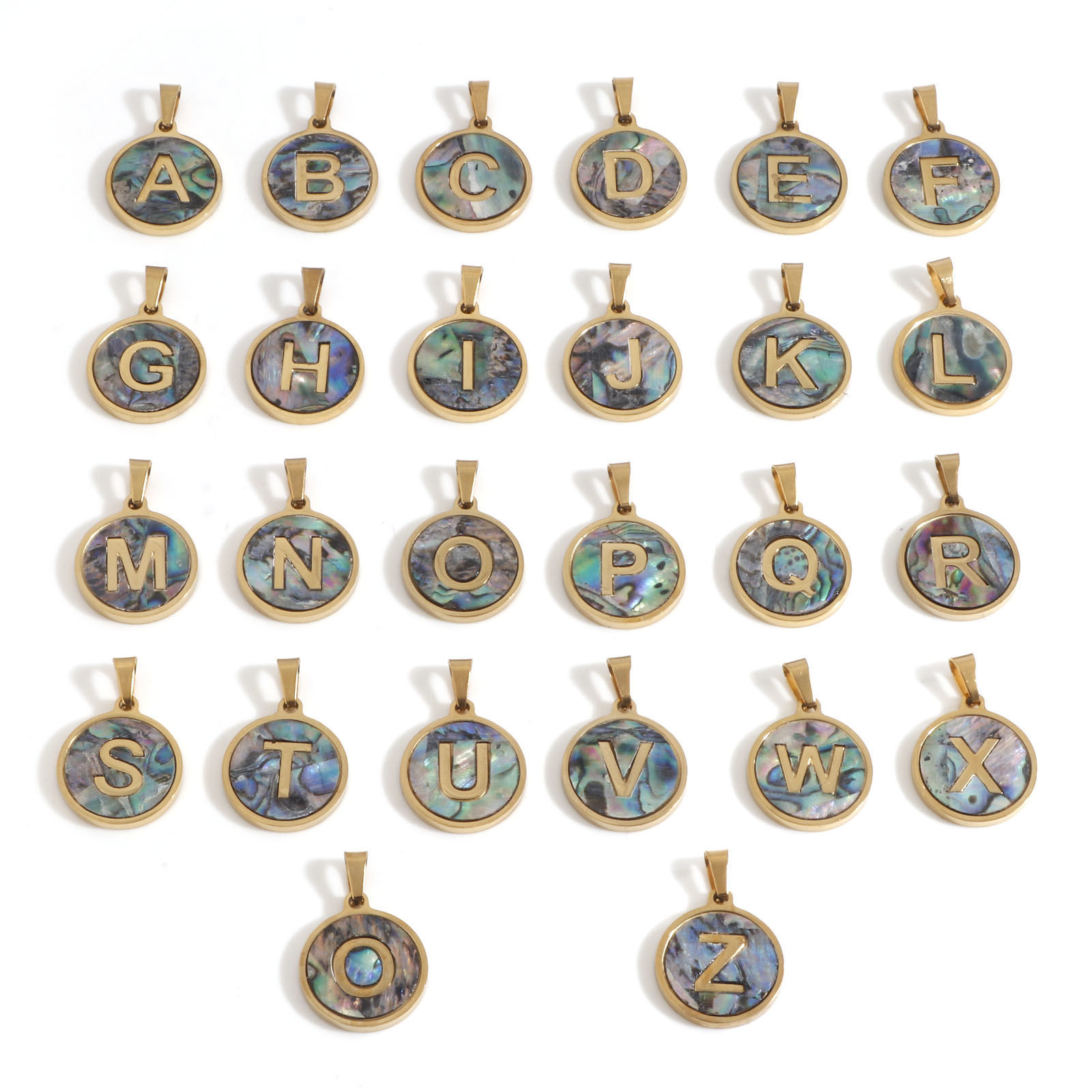 Immagine di 304 Acciaio Inossidabile & Conchiglia Charms Tondo Oro Placcato Multicolore Lettera Maiuscola Messaggio " A-Z " 24mm x 16mm, 1 Pz