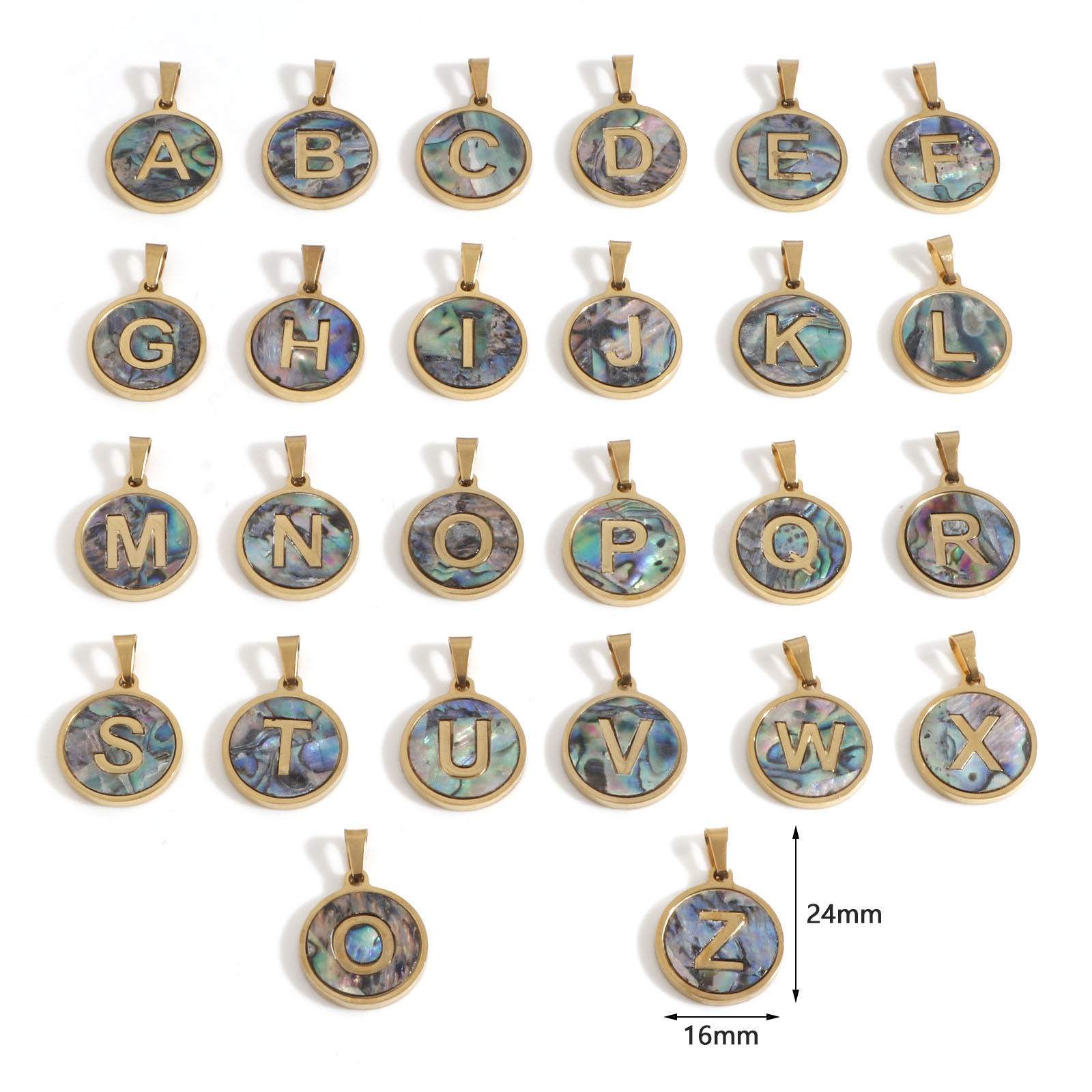 Immagine di 304 Acciaio Inossidabile & Conchiglia Charms Tondo Oro Placcato Multicolore Lettera Maiuscola Messaggio " A-Z " 24mm x 16mm, 1 Pz