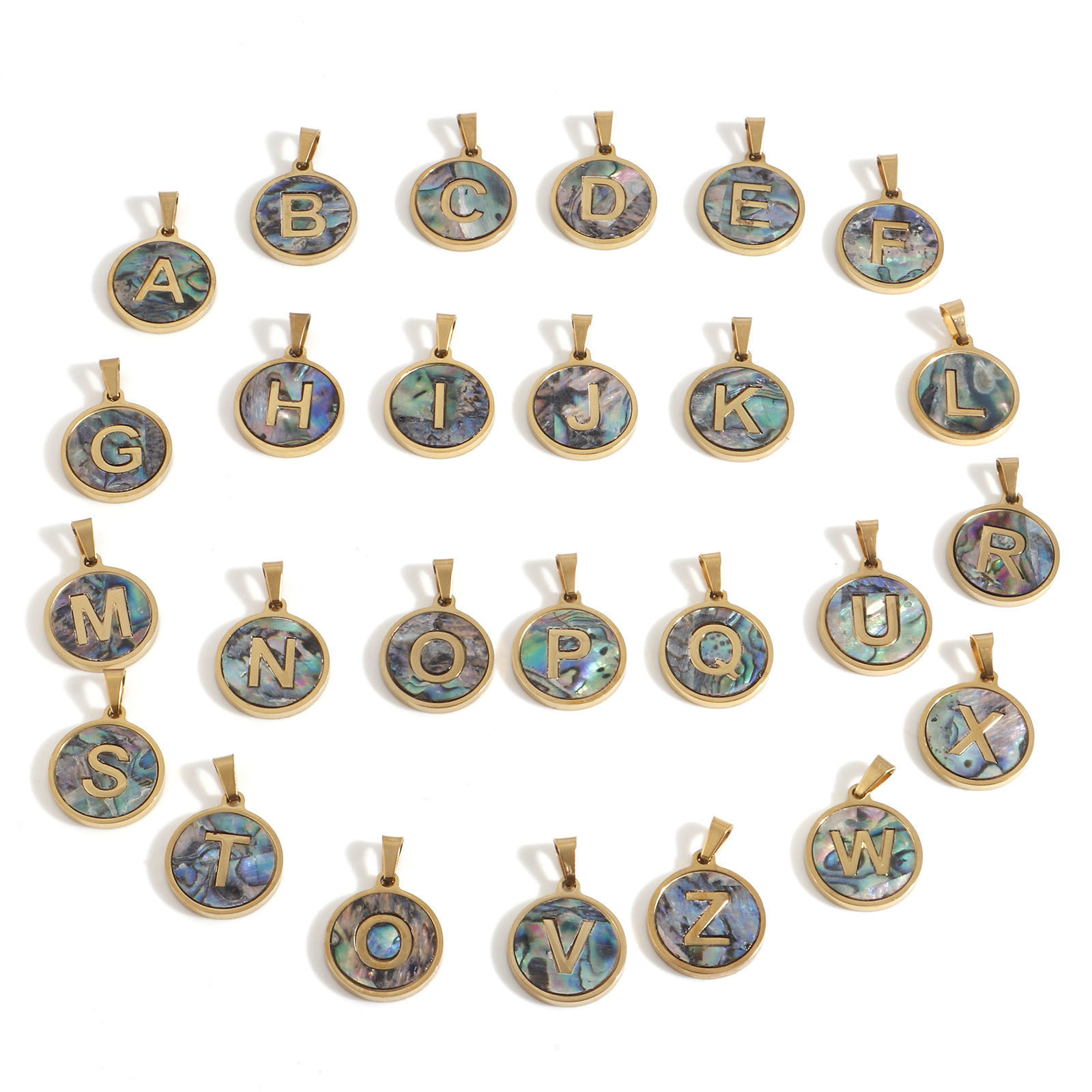 Immagine di 304 Acciaio Inossidabile & Conchiglia Charms Tondo Oro Placcato Multicolore Lettera Maiuscola Messaggio " A-Z " 24mm x 16mm, 1 Pz