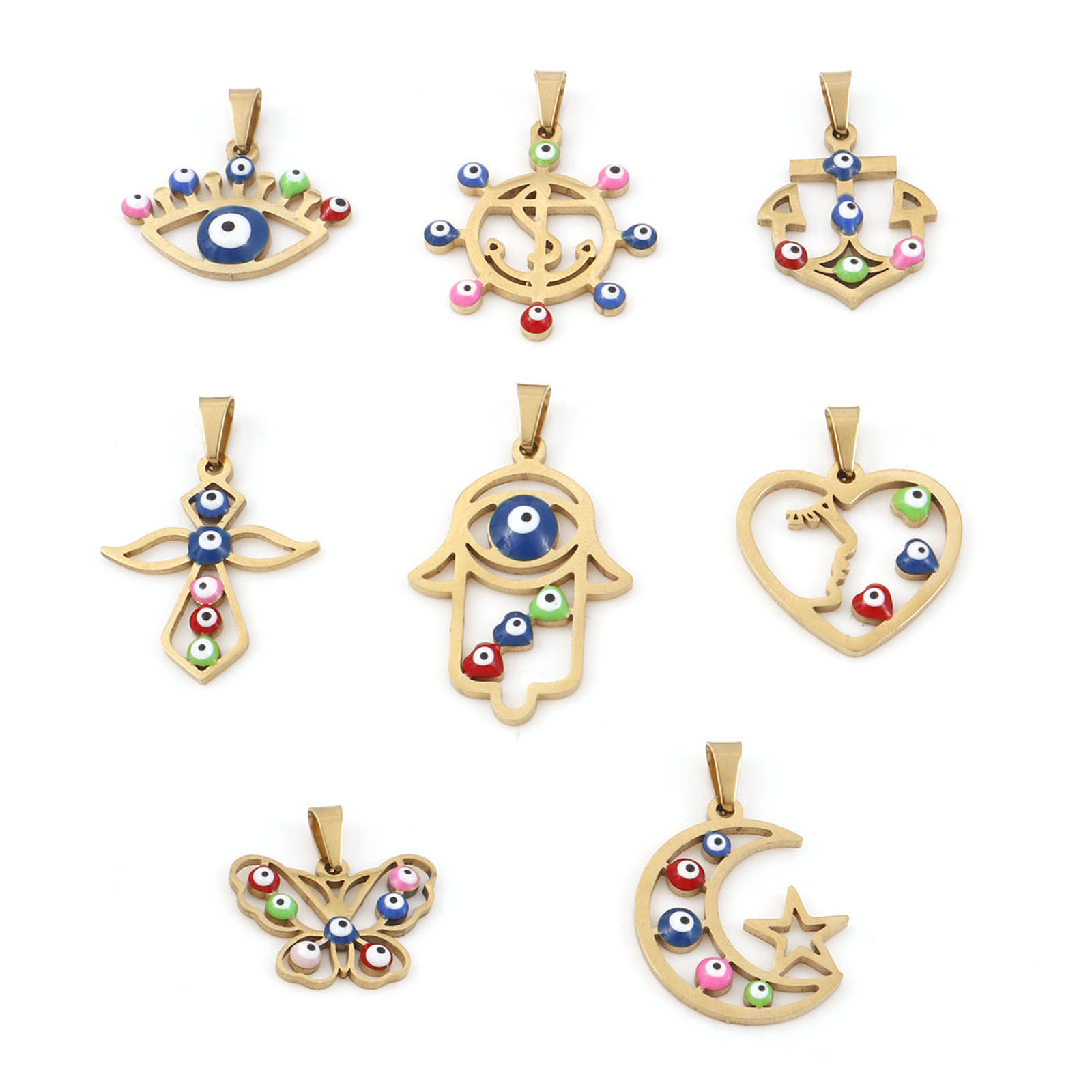 Picture of 304 Stainless Steel Religious Charms Gold Plated Multicolor Evil Eye Enamel