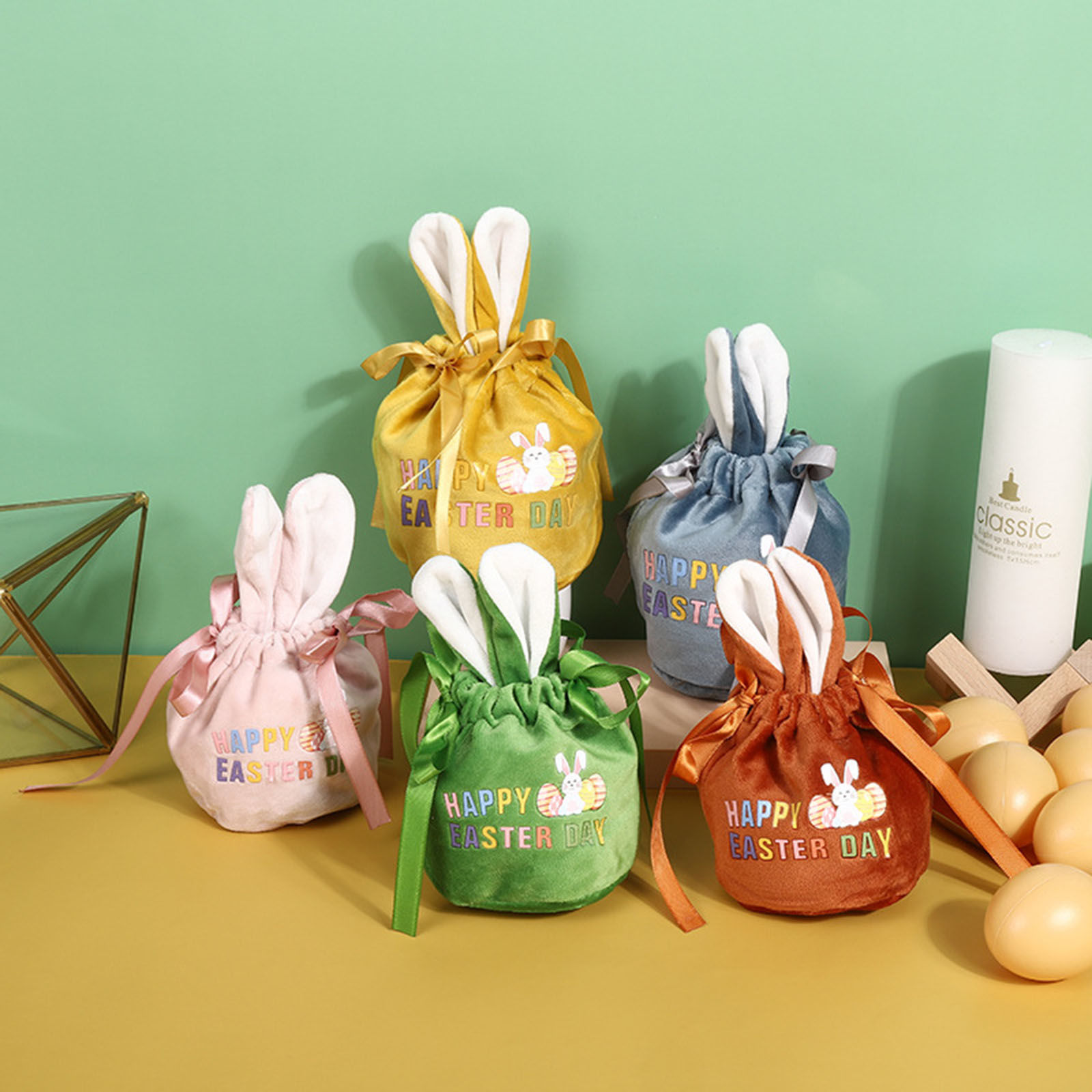 Imagen de Pana día de Pascua Bolsa Cordón Multicolor Orejas de Conejo Huevo de Pascua Mensaje " Happy Easter Day " 13cm x 10cm, 2 Unidades