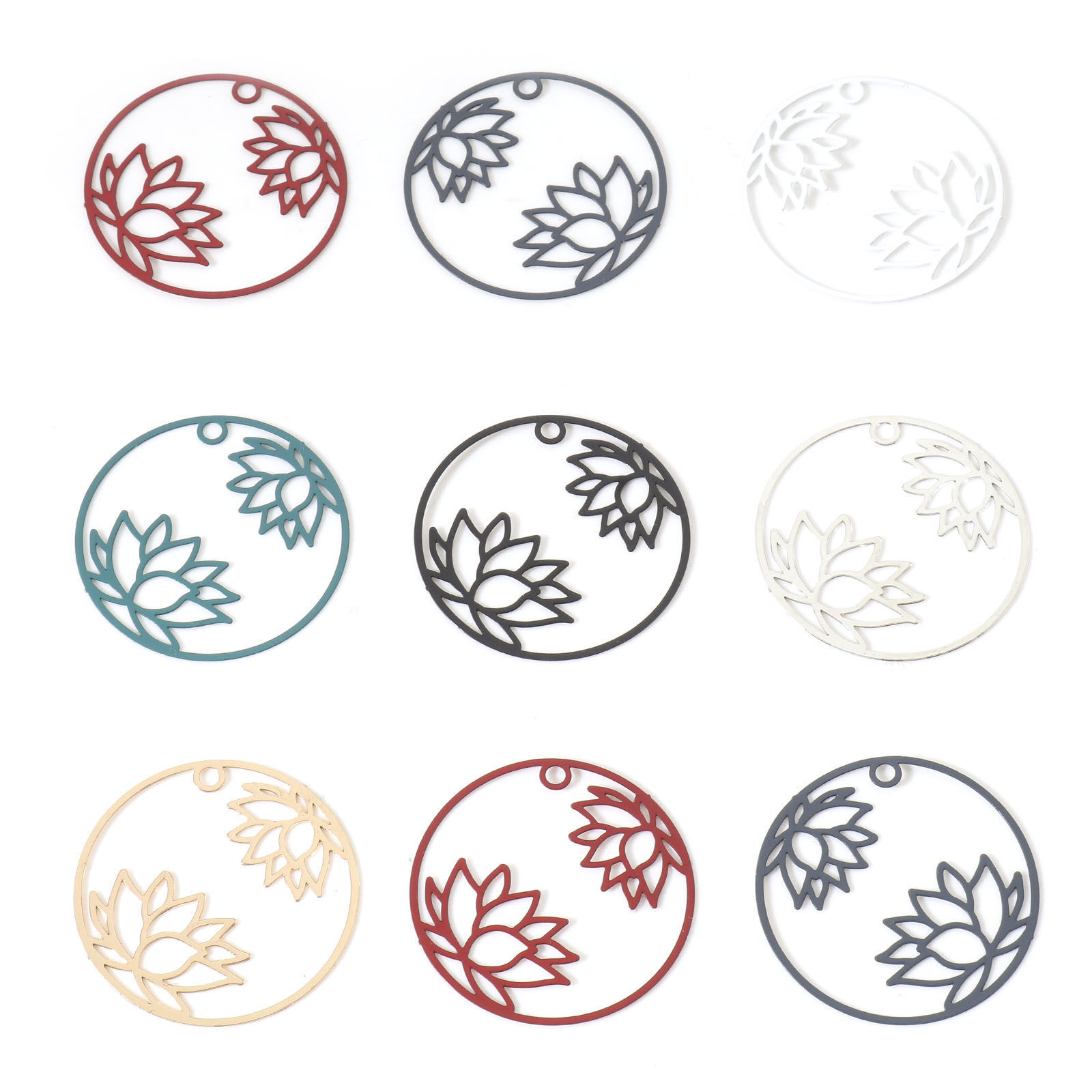 Immagine di Lega di Ferro Filigree Stamping Charms Tondo Multicolore Fiore Di Loto 27mm Dia, 10 Pz