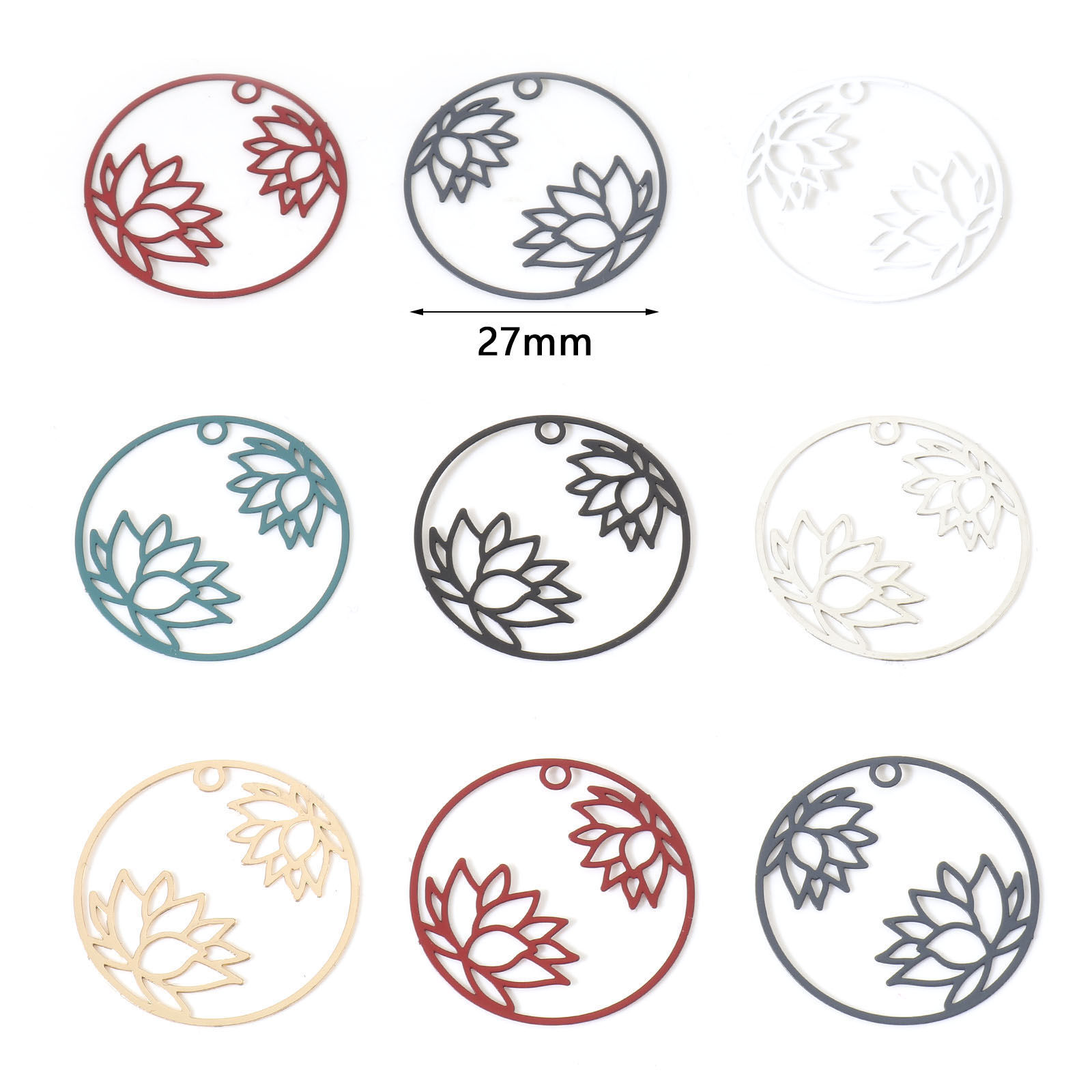 Immagine di Lega di Ferro Filigree Stamping Charms Tondo Multicolore Fiore Di Loto 27mm Dia, 10 Pz