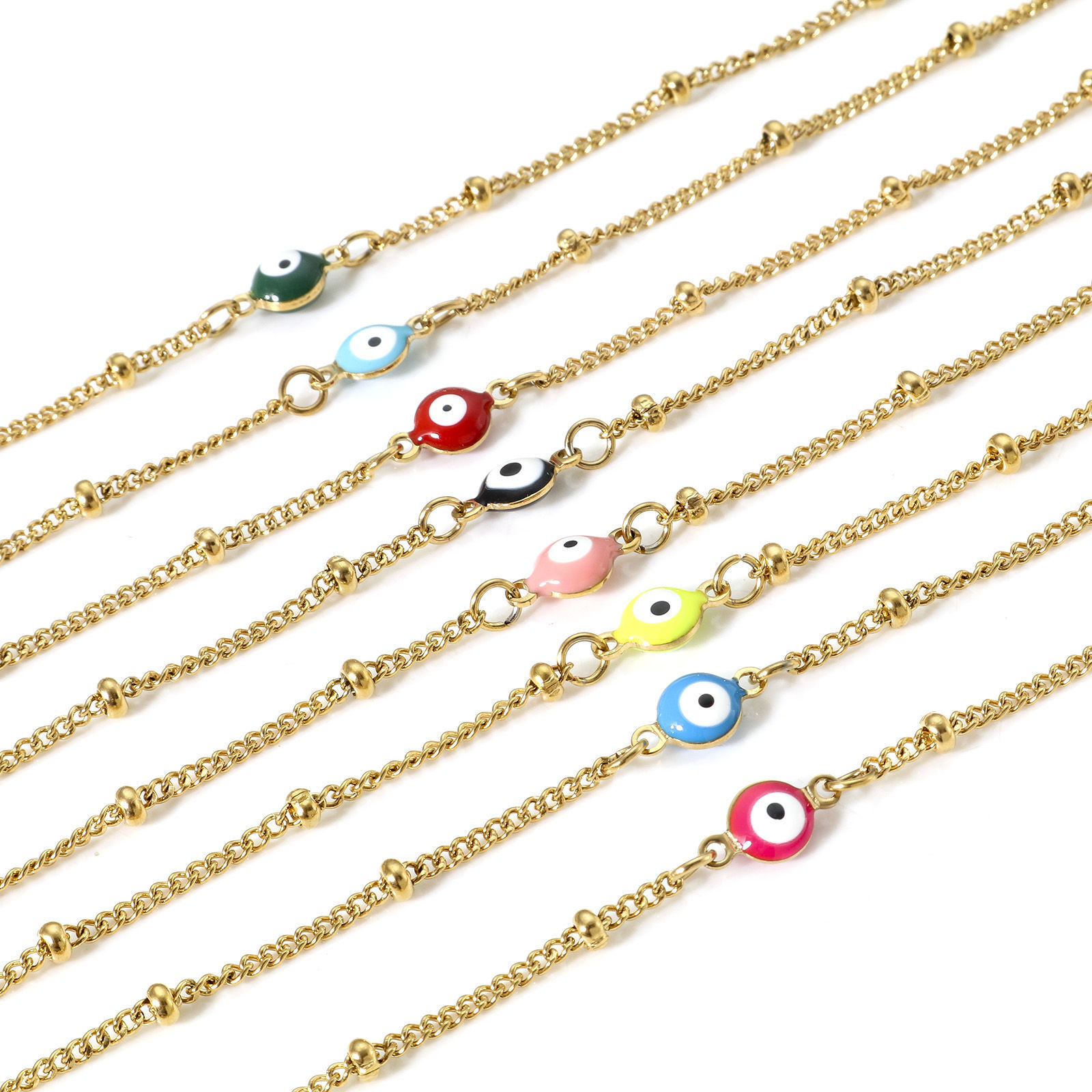 Immagine di 304 Acciaio Inossidabile Religione Catena Singolare Cavigliere Oro Placcato Multicolore Smalto a Doppia Faccia Tondo Malocchio 21.5cm lunghezza, 1 Pz