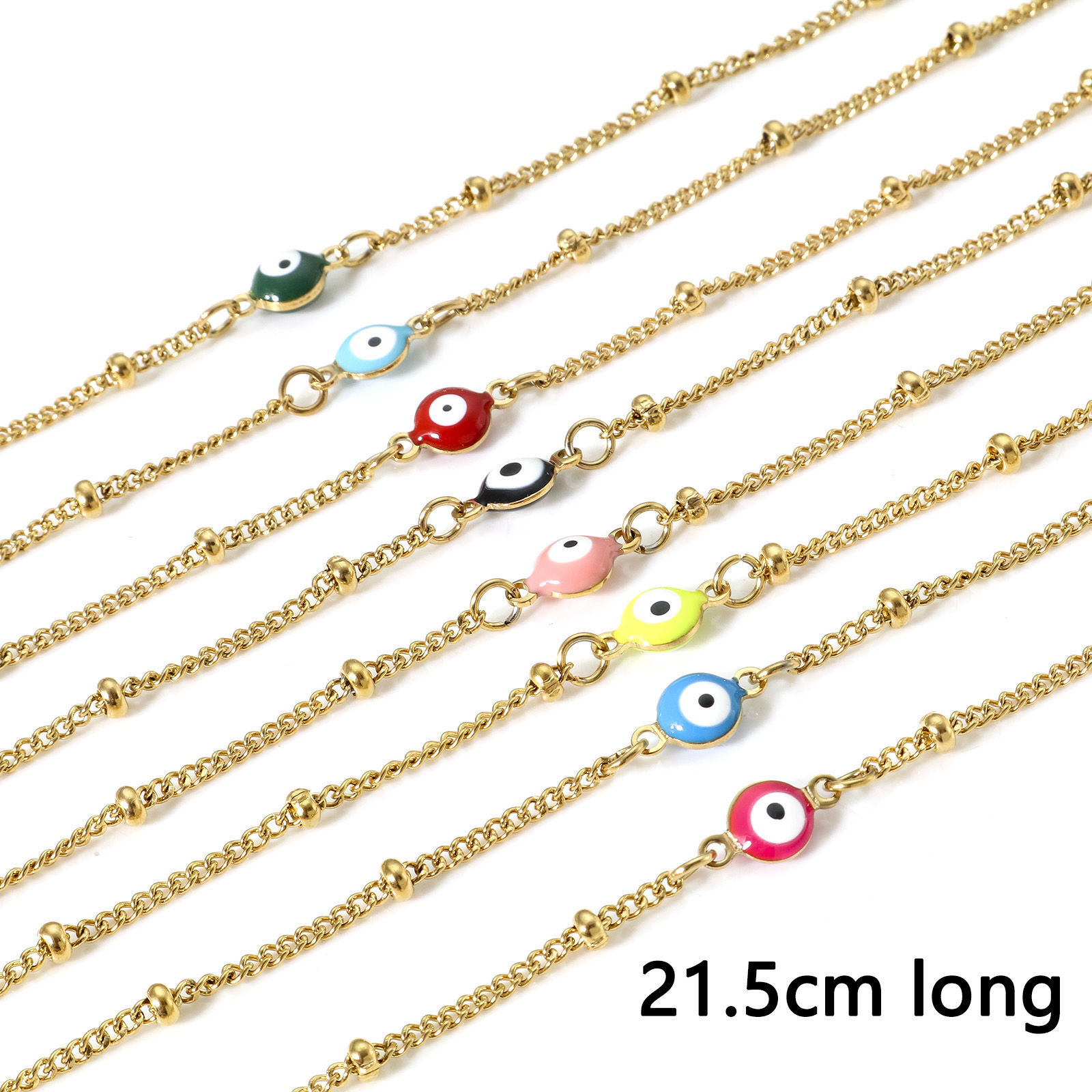 Immagine di 304 Acciaio Inossidabile Religione Catena Singolare Cavigliere Oro Placcato Multicolore Smalto a Doppia Faccia Tondo Malocchio 21.5cm lunghezza, 1 Pz