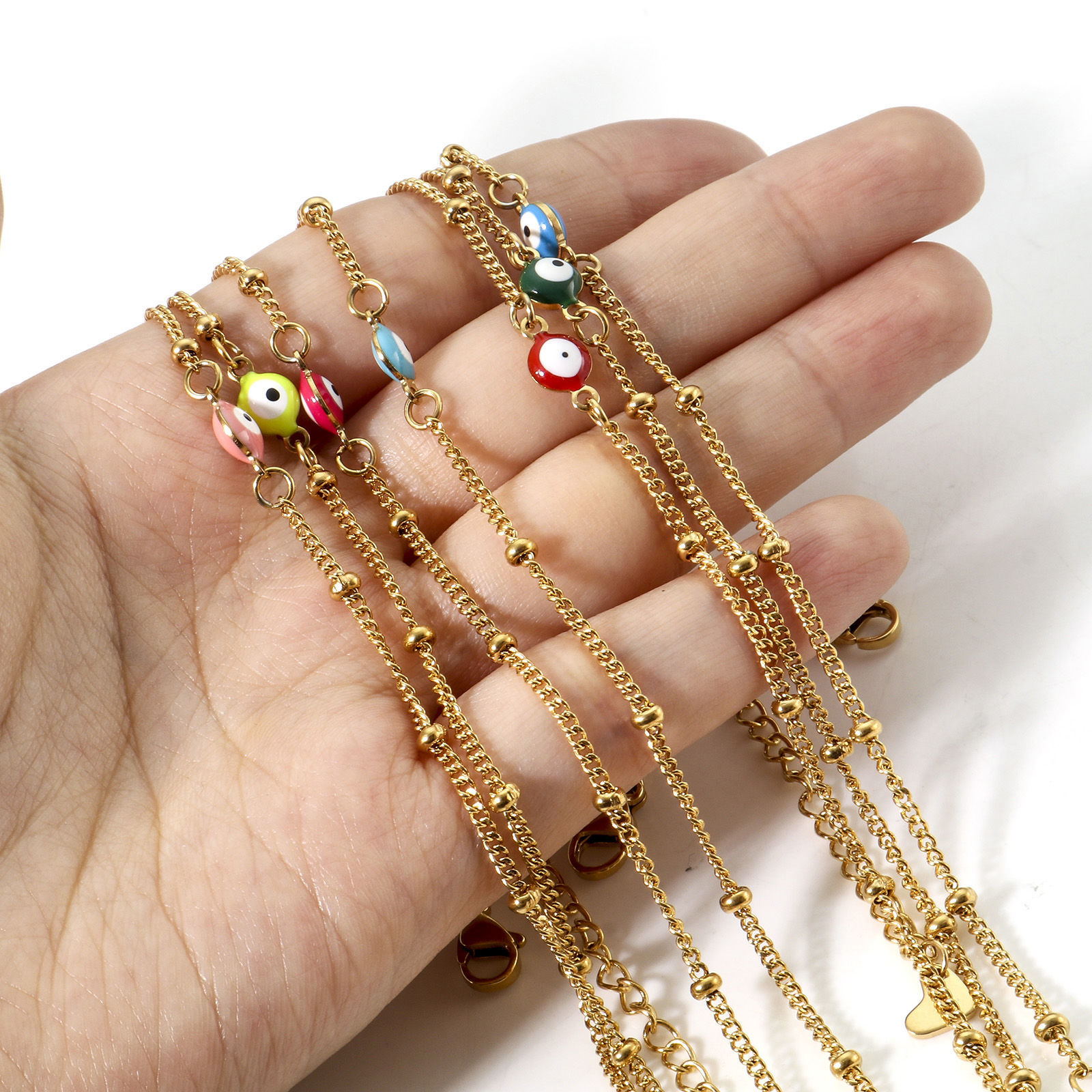Immagine di 304 Acciaio Inossidabile Religione Catena Singolare Cavigliere Oro Placcato Multicolore Smalto a Doppia Faccia Tondo Malocchio 21.5cm lunghezza, 1 Pz