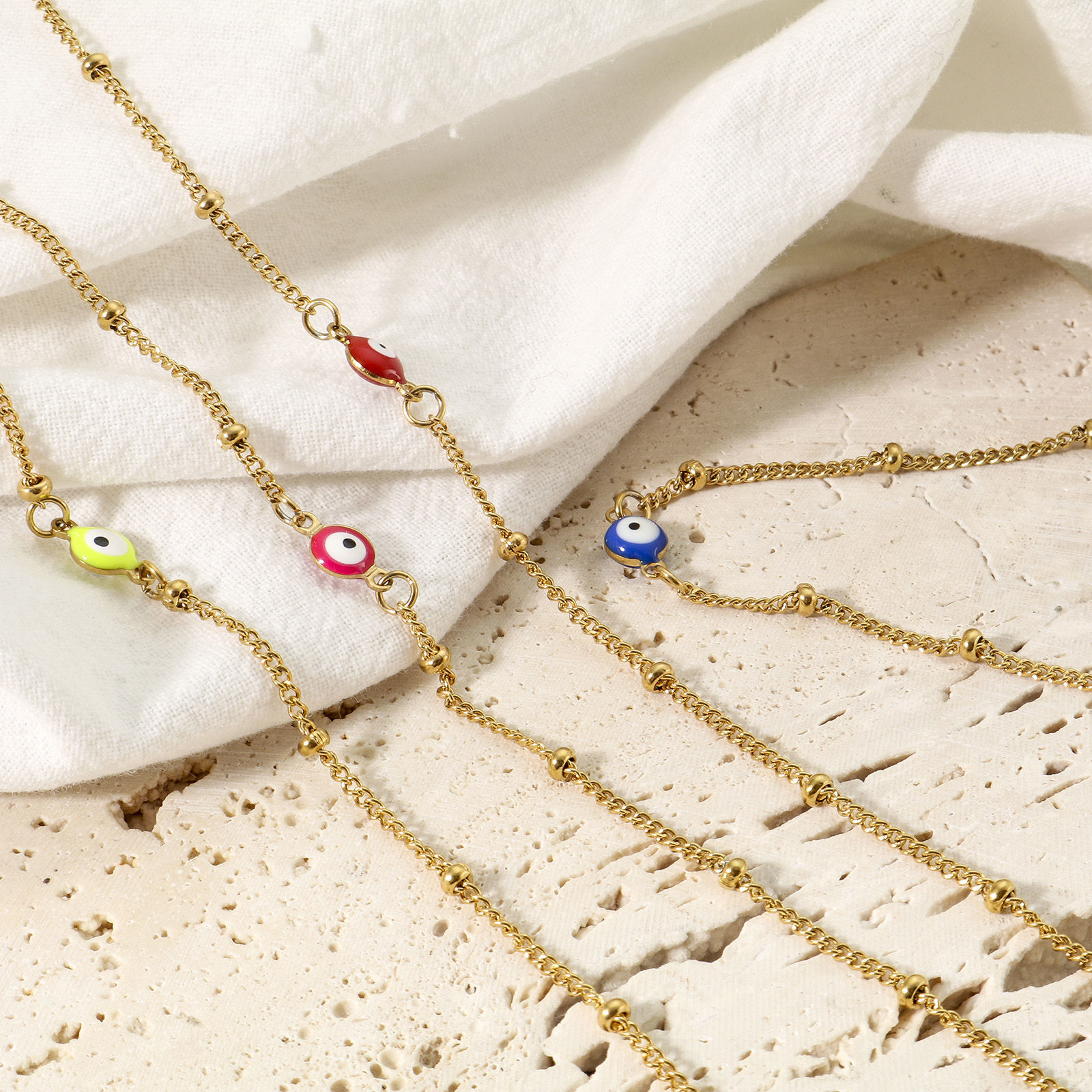 Immagine di 304 Acciaio Inossidabile Religione Catena Singolare Cavigliere Oro Placcato Multicolore Smalto a Doppia Faccia Tondo Malocchio 21.5cm lunghezza, 1 Pz