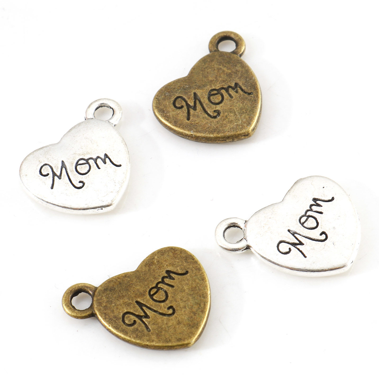 Bild von Zinklegierung Muttertag Charms Herz Bunt Message " Mom " 18mm x 15mm, 10 Stück