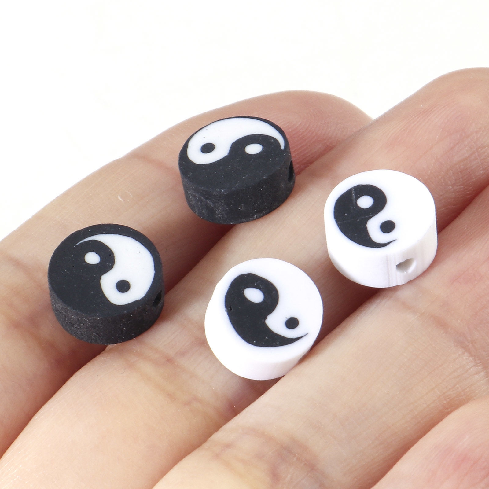 Bild von Polymer Ton Religiös Perlen Rund Bunt, mit Yin Yang Symbol Muster, 9.5mm D., Loch: 1.8mm, 100 Stück