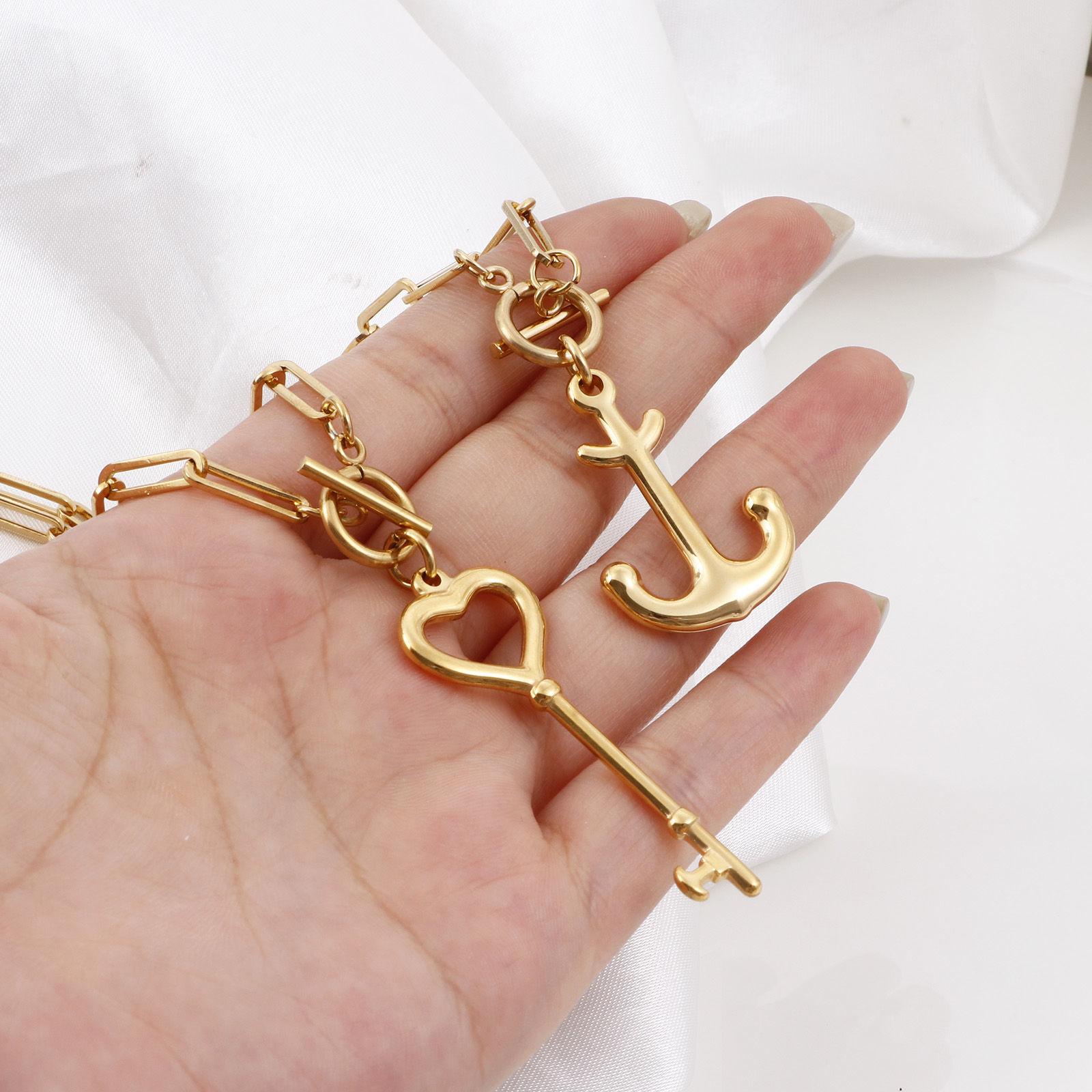 Immagine di 304 Acciaio Inossidabile Elegante Catena a Graffetta Collana Oro Placcato Cuore Fiore 49.5cm Lunghezza, 1 Pz