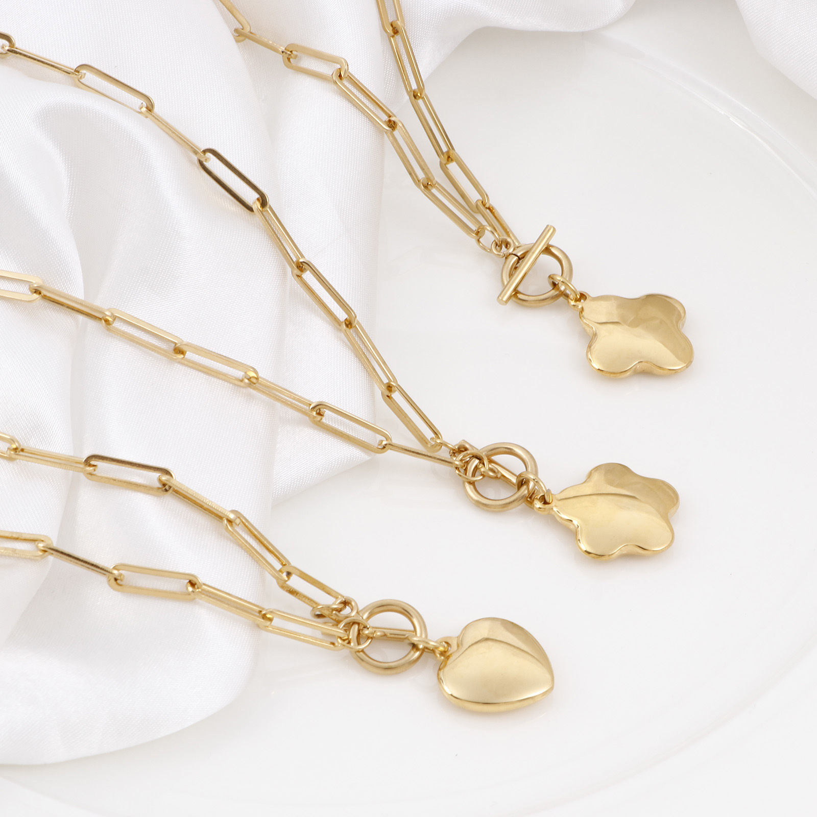 Immagine di 304 Acciaio Inossidabile Elegante Catena a Graffetta Collana Oro Placcato Cuore Fiore 49.5cm Lunghezza, 1 Pz