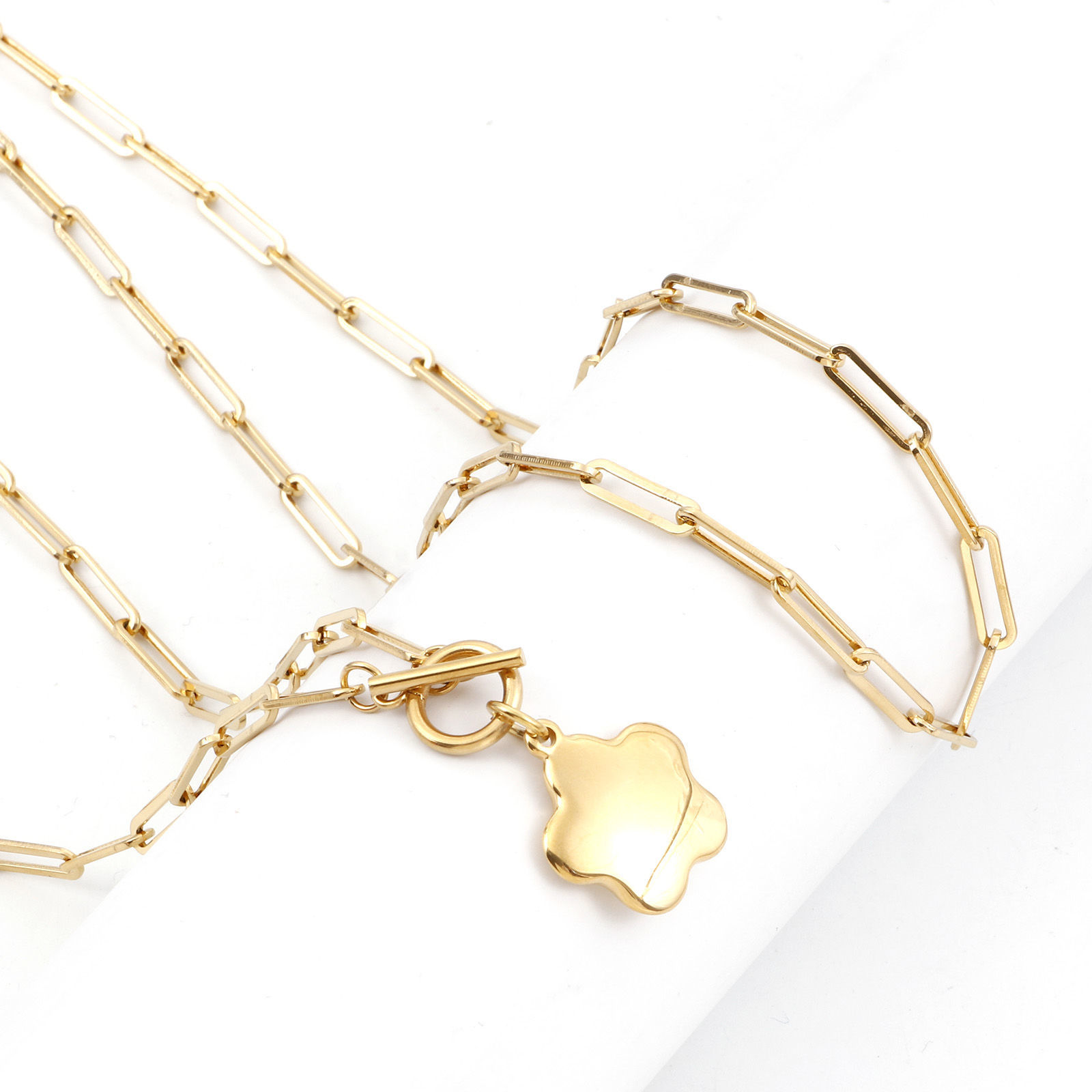 Immagine di 304 Acciaio Inossidabile Elegante Catena a Graffetta Collana Oro Placcato Cuore Fiore 49.5cm Lunghezza, 1 Pz