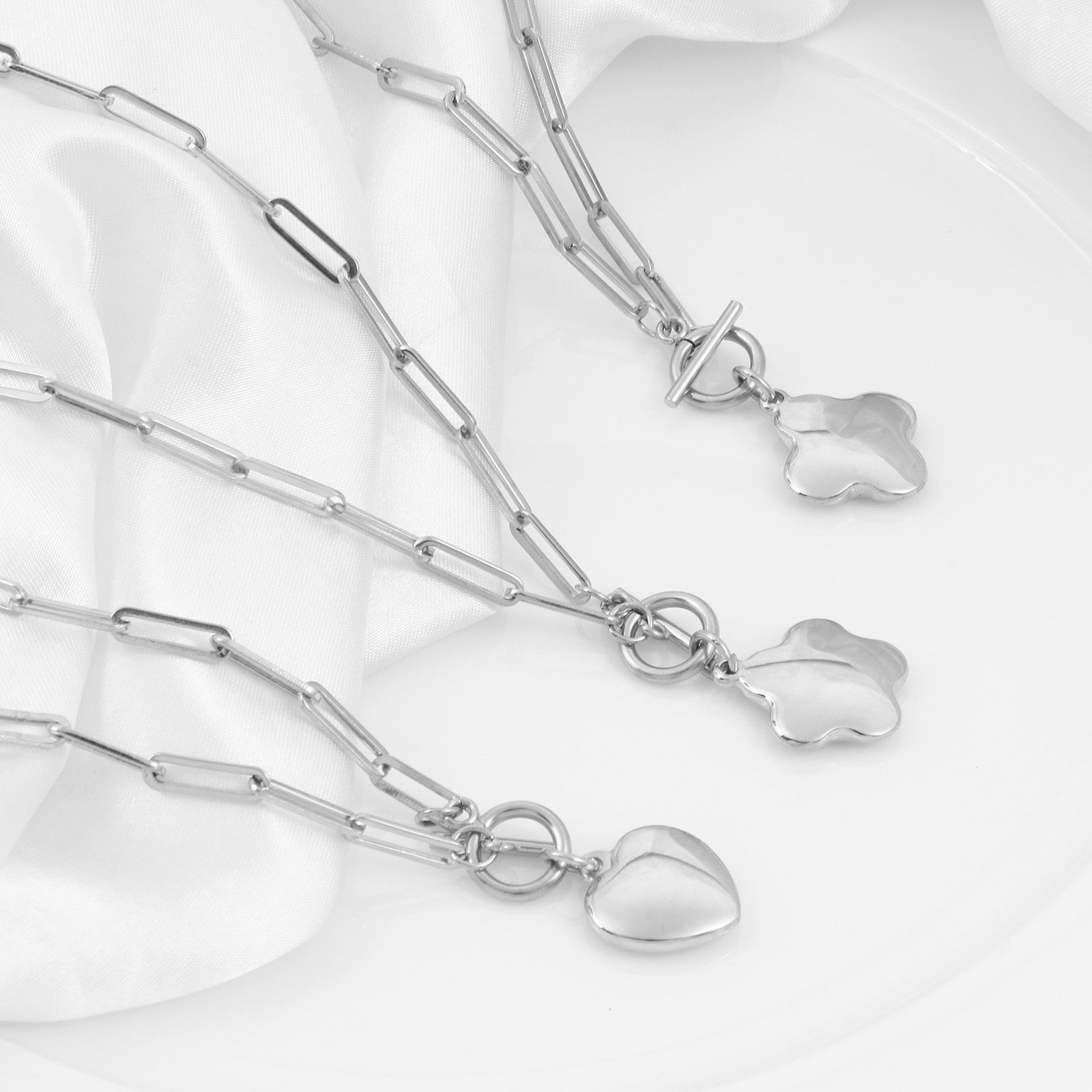 Immagine di 304 Acciaio Inossidabile Elegante Catena a Graffetta Collana Tono Argento Cuore Fiore 49.5cm Lunghezza, 1 Pz