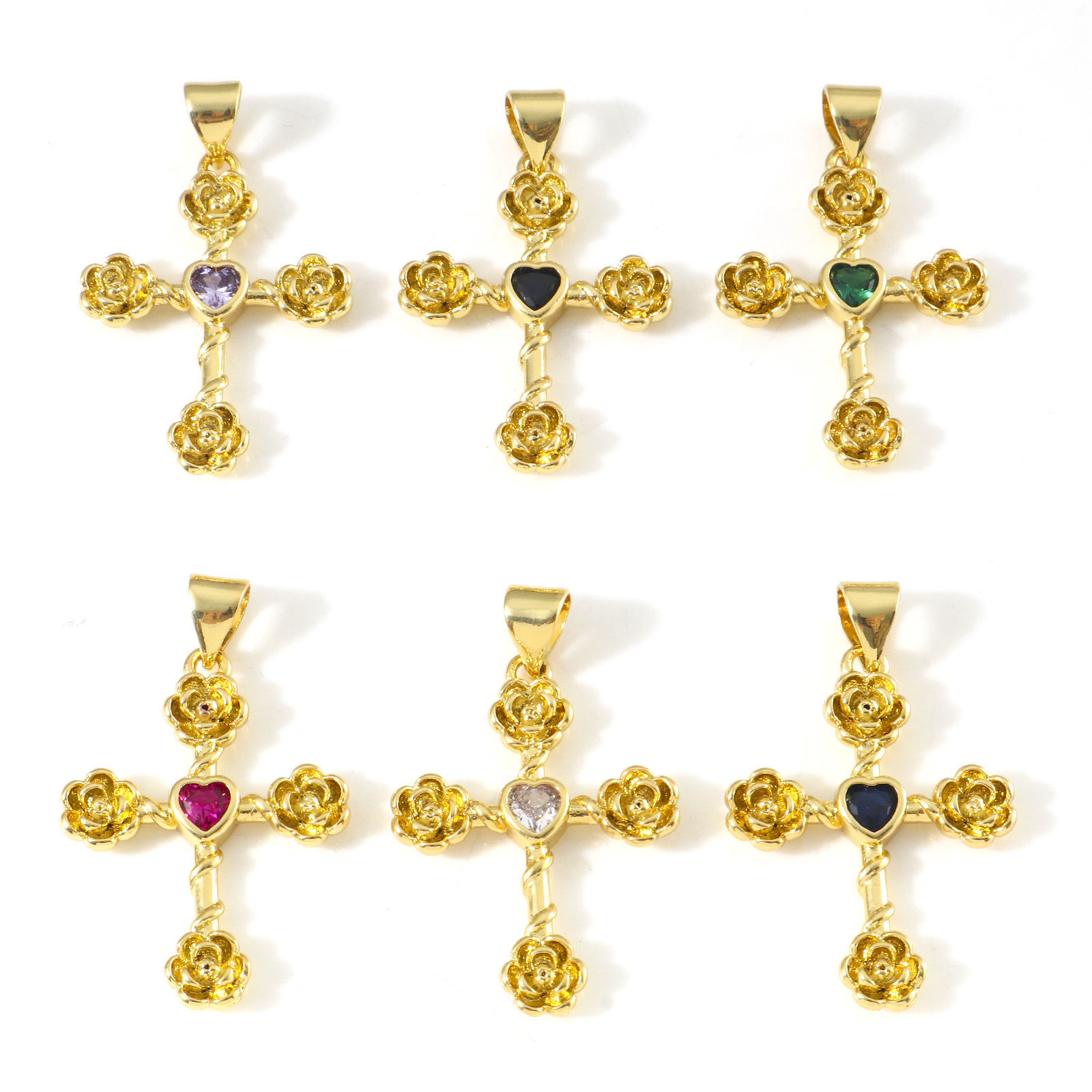 Immagine di Rame Religione Ciondoli Oro Placcato Croce Fiore Multicolore Cubic Zirconiae 3cm x 1.9cm, 1 Pz