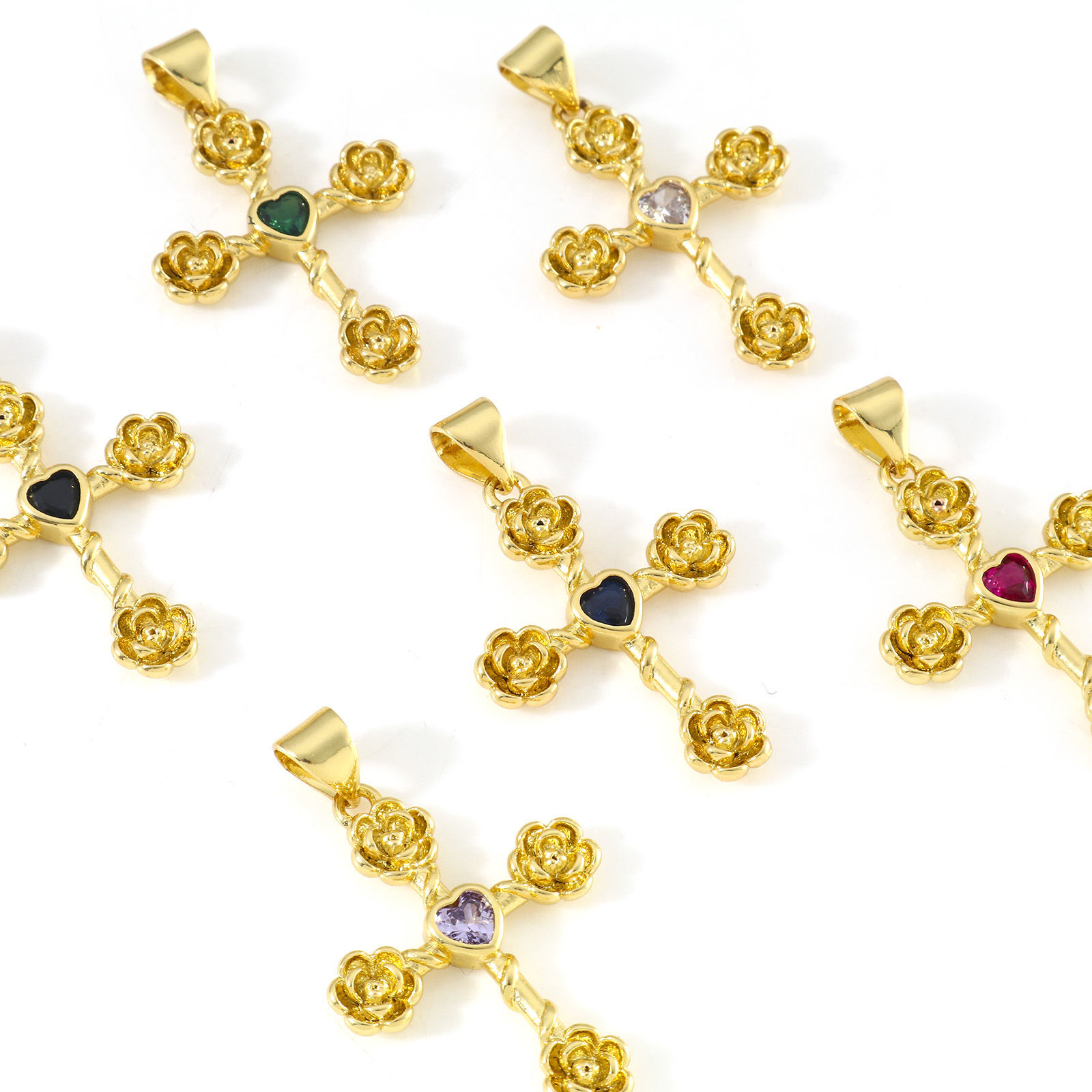 Immagine di Rame Religione Ciondoli Oro Placcato Croce Fiore Multicolore Cubic Zirconiae 3cm x 1.9cm, 1 Pz