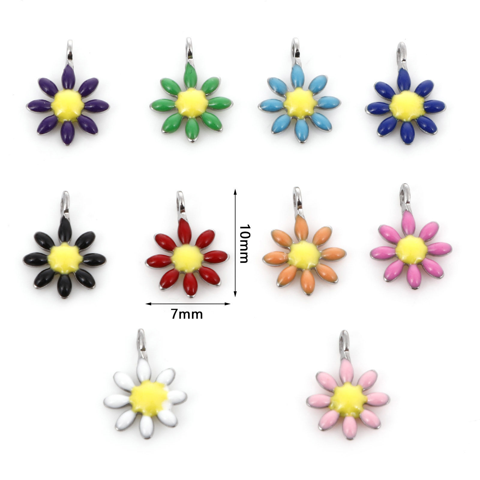 Bild von 304 Edelstahl Flora Kollektion Charms Silberfarbe Blumen Doppelseitige Emaille 10mm x 7mm, 10 Stück