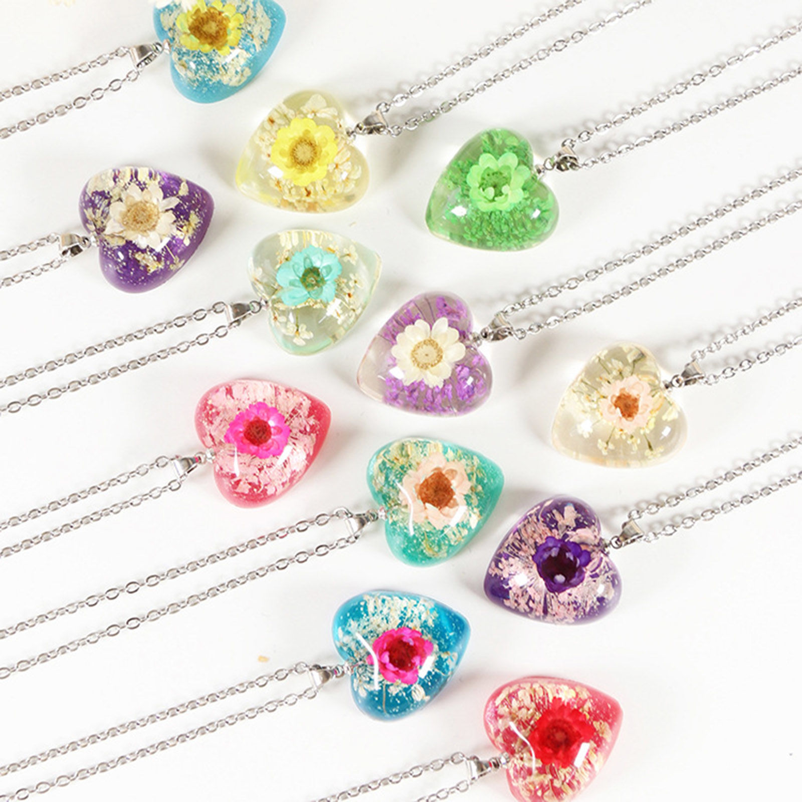 Bild von Edelstahl Handgemachte Harz Schmuck Echte Blume Anhänger Halskette Silberfarbe Bunt Herz Blumen 45cm lang, 1 Strang
