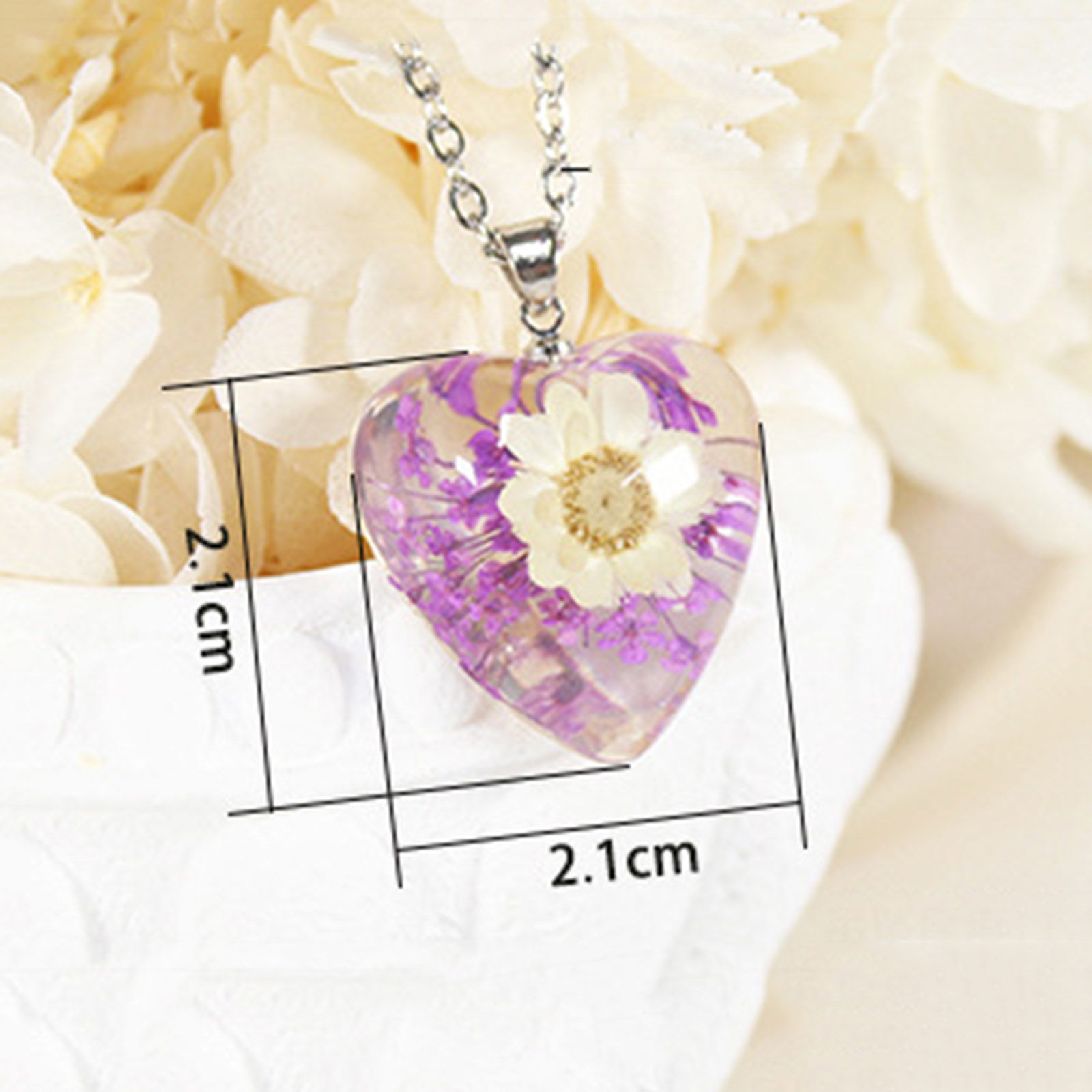 Bild von Edelstahl Handgemachte Harz Schmuck Echte Blume Anhänger Halskette Silberfarbe Bunt Herz Blumen 45cm lang, 1 Strang