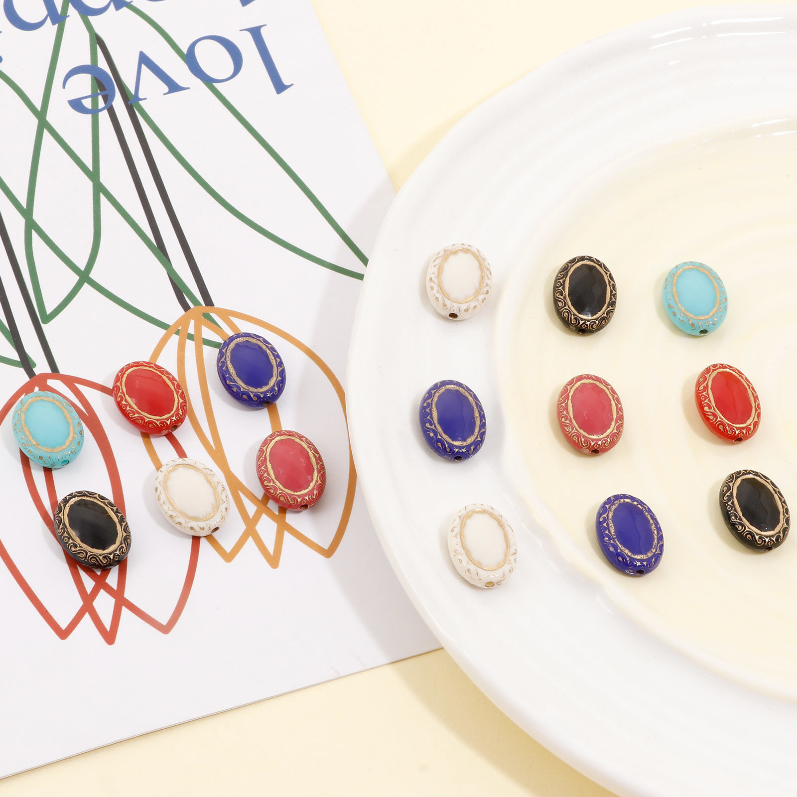 Bild von Acryl Retro Perlen für die Herstellung von DIY-Charme-Schmuck Bunt Oval Geschnitzte Muster ca. 17.5mm x 13mm, Loch:ca. 1.5mm, 10 Stück
