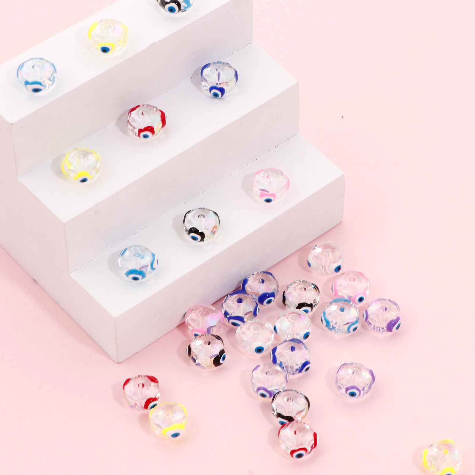 Bild von Glas Religiös Perlen für die Herstellung von DIY-Charme-Schmuck Abakus Bunt AB Farbe Böser Blick Evil Eye Transparent Facettiert ca. 10mm D., Loch: 1.3mm, 2 Stück