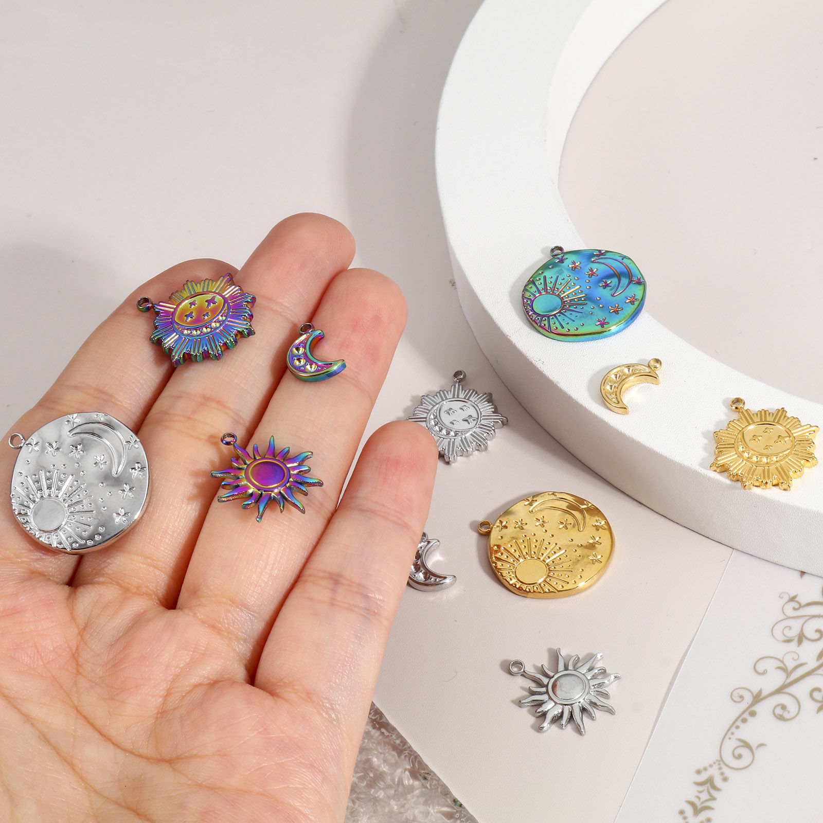 Picture of Eco-friendly Vacuum Plating 304 Stainless Steel Galaxy Charms Multicolor Sun Moon