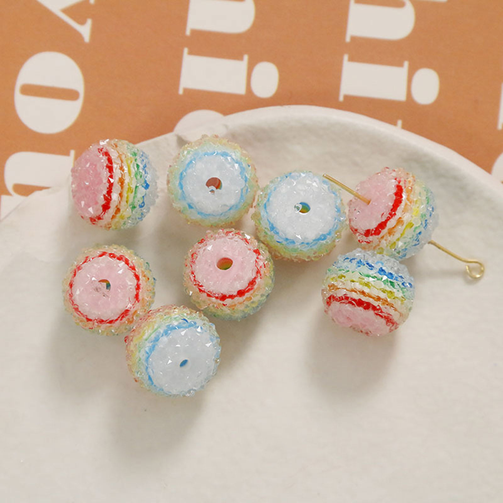 Bild von Acryl Regenbogen Perlen für die Herstellung von DIY-Charme-Schmuck Einzeln Loch Bunt Rund Streifen ca. 14mm D., 2 Stück