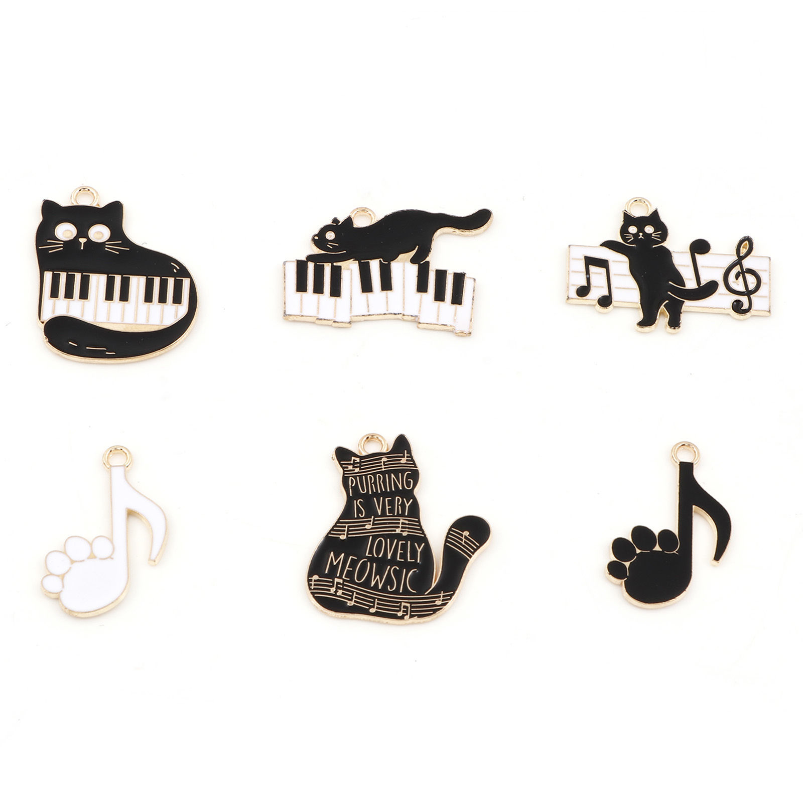 Bild von Zinklegierung Musik Charms Vergoldet Schwarz & Weiß Katze Klavier Emaille 10 Stück