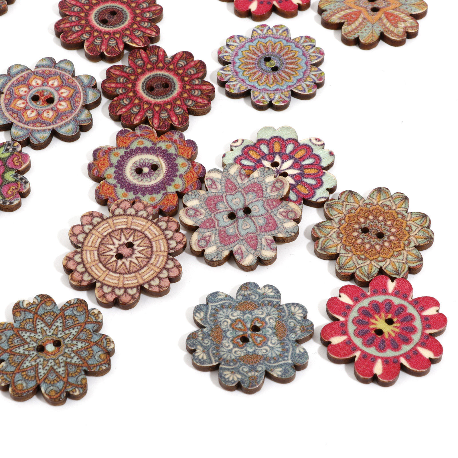 Immagine di Legno Etnico Bottone da Cucire Scrapbook Due Fori Fiore A Random A Random Disegno 50 Pz