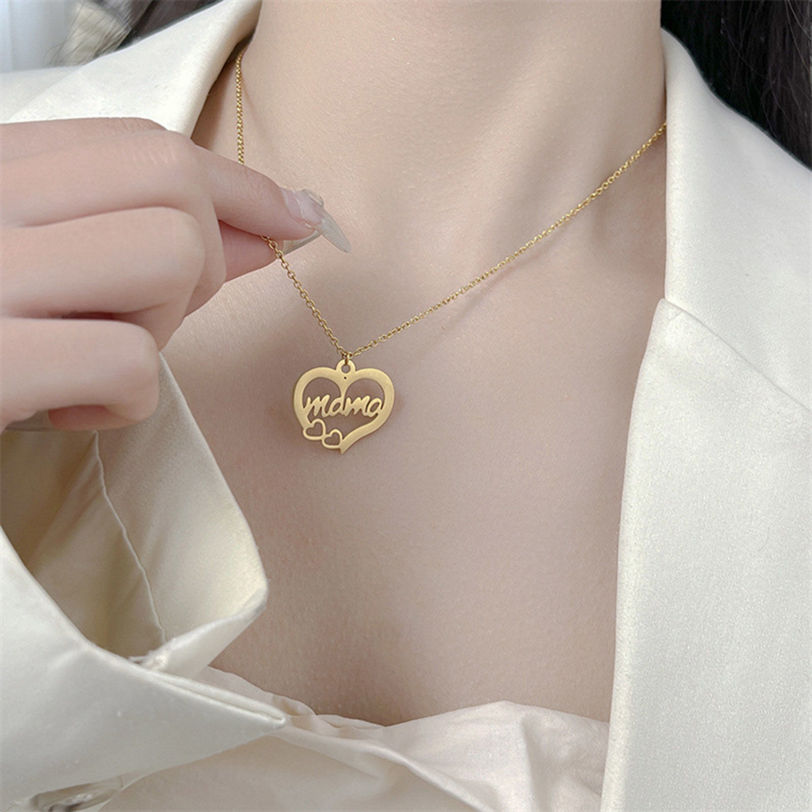 Picture of Eco-friendly 304 Stainless Steel Mother's Day Link Cable Chain Necklace Multicolor Heart Message " Mama " Hollow 42cm(16 4/8") long
