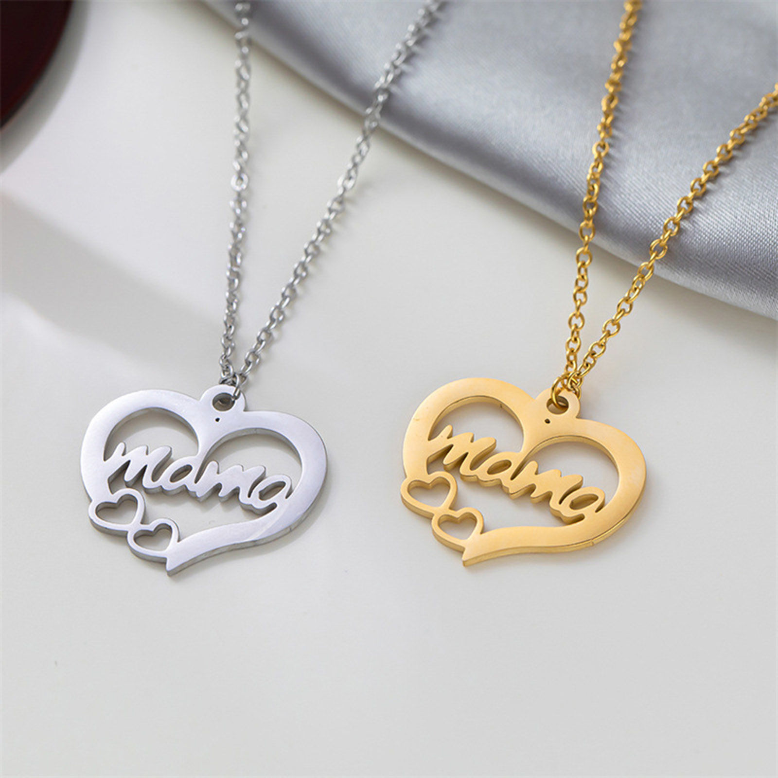 Picture of Eco-friendly 304 Stainless Steel Mother's Day Link Cable Chain Necklace Multicolor Heart Message " Mama " Hollow 42cm(16 4/8") long