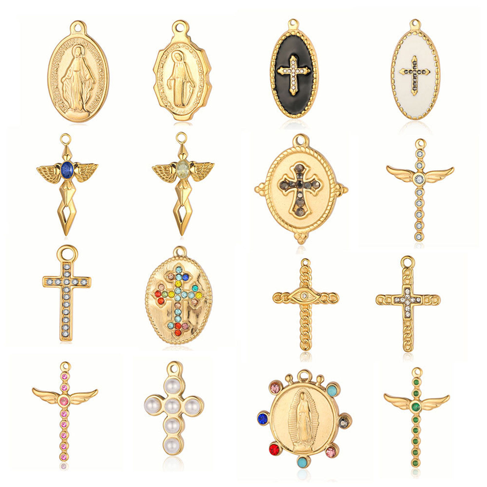 Picture of Eco-friendly Vacuum Plating 304 Stainless Steel Pendants 18K Gold Plated Oval Cross Multicolor Rhinestone