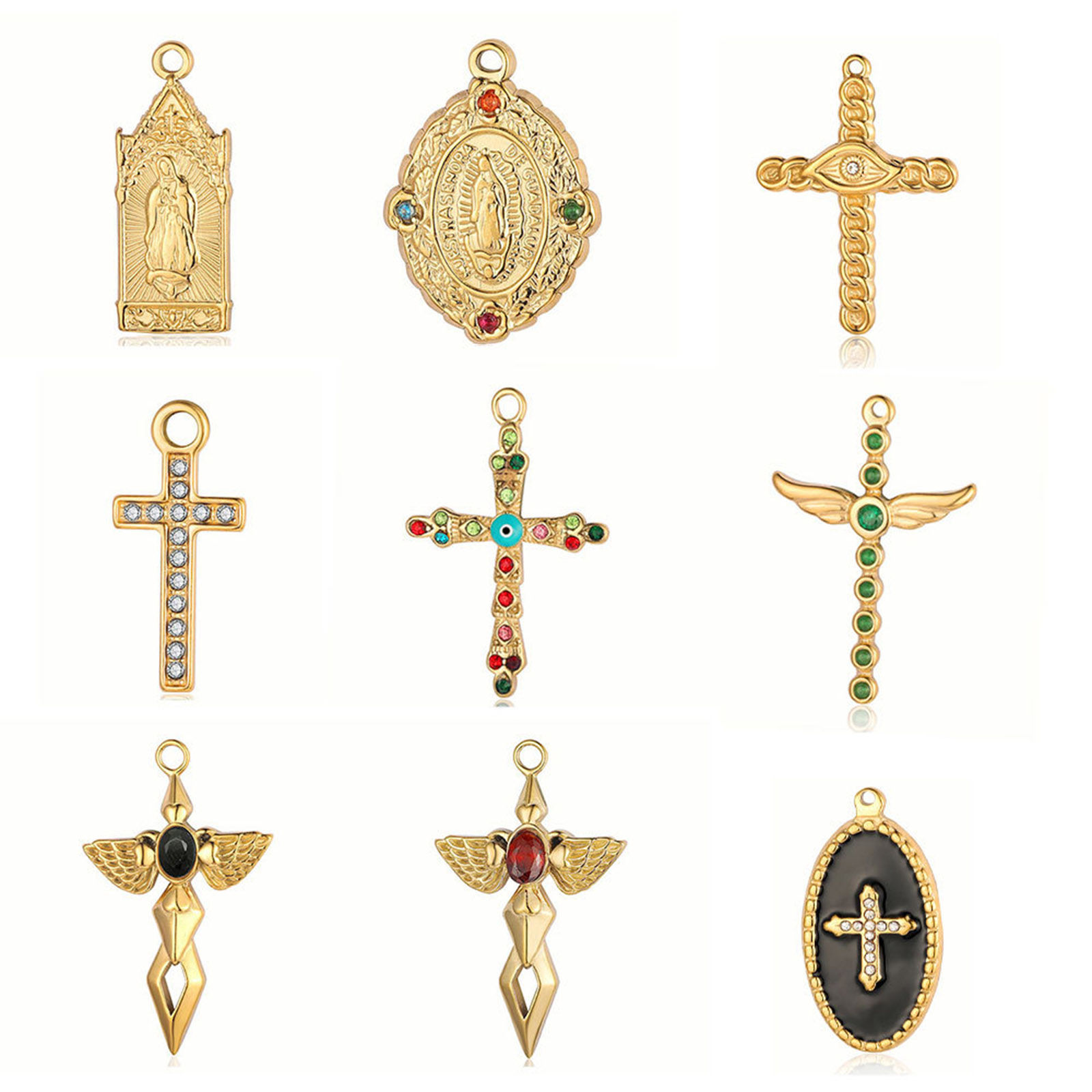 Picture of Eco-friendly Vacuum Plating 304 Stainless Steel Pendants 18K Gold Plated Oval Cross Multicolor Rhinestone