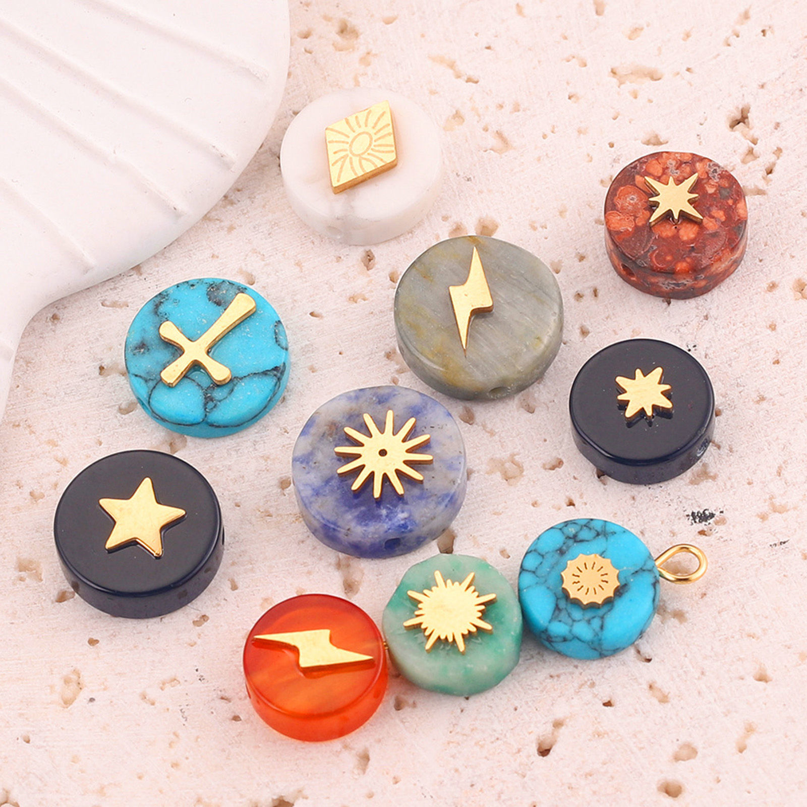 Bild von Stone ( Natural Dyed ) Loose Beads With Stailess Steel Patch For DIY Charm Jewelry Making Geometric Gold Plated 1 Piece