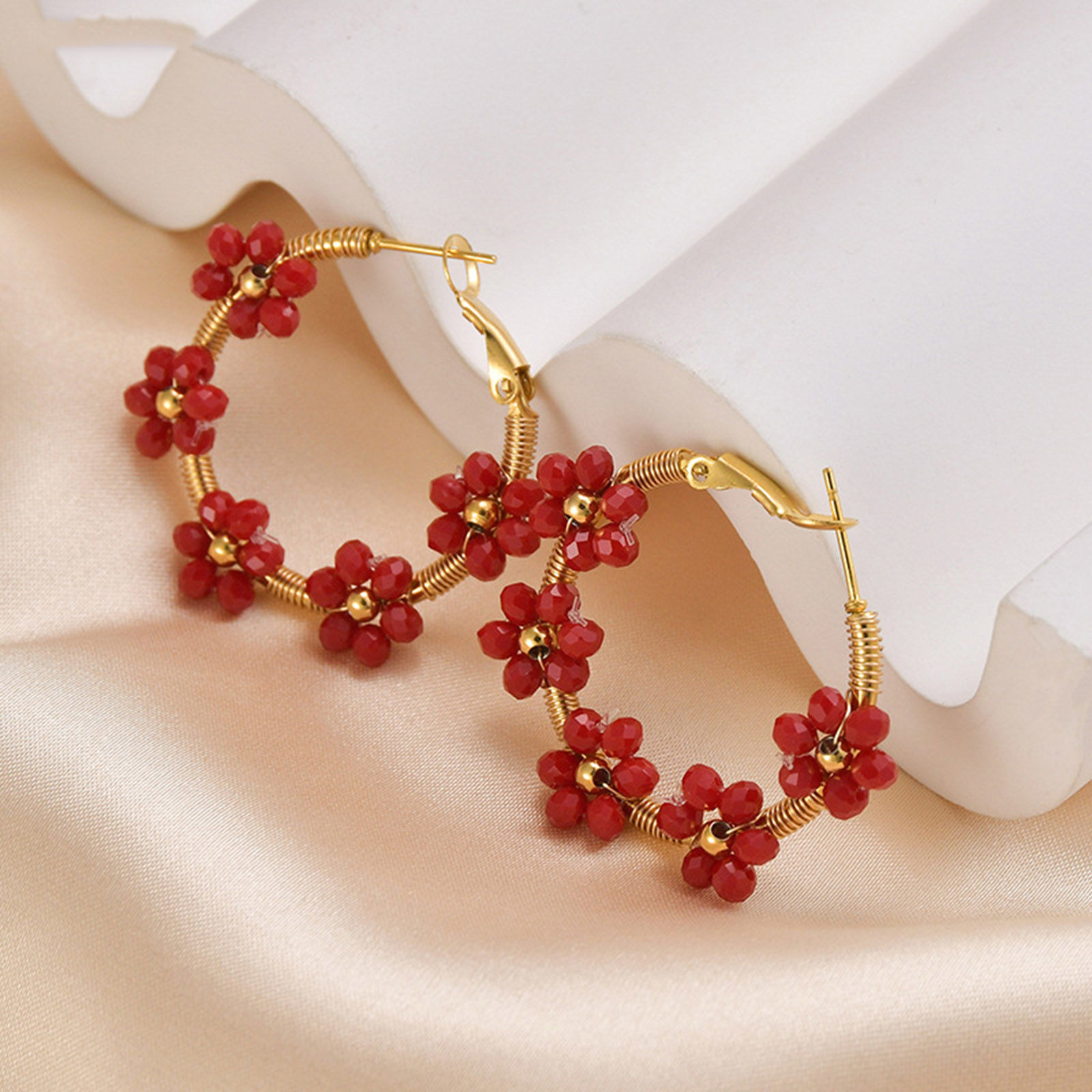 Bild von Hypoallergen Natürliche Pastoral Böhmischer Stil 14K echt Vergoldet Bunt 304 Edelstahl & Lampwork Glas Blumen Hoop Ohrringe Für Frauen Party 1 Paar