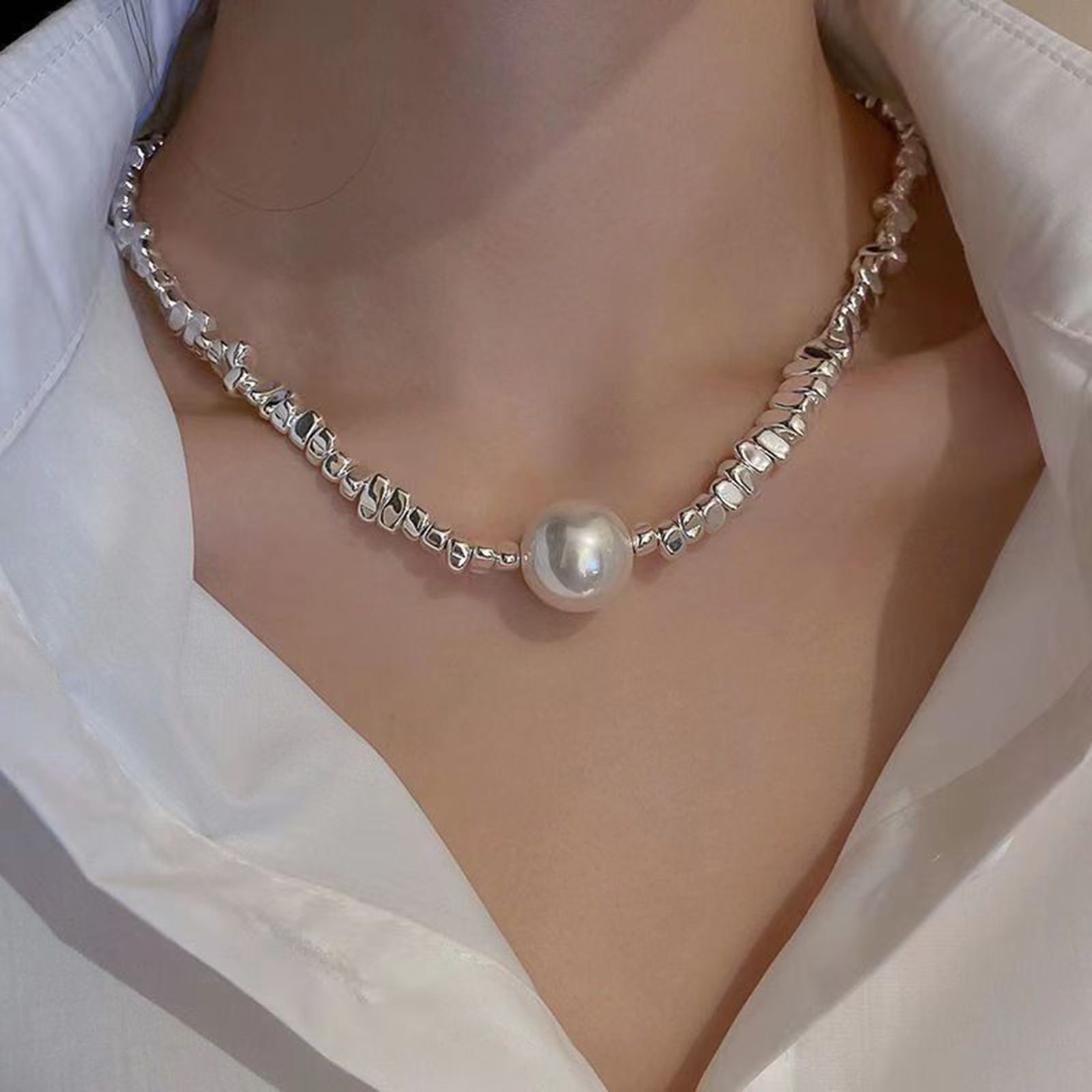 Bild von Stilvoll Perlenkette Versilbert Imitat Perle 1 Strang
