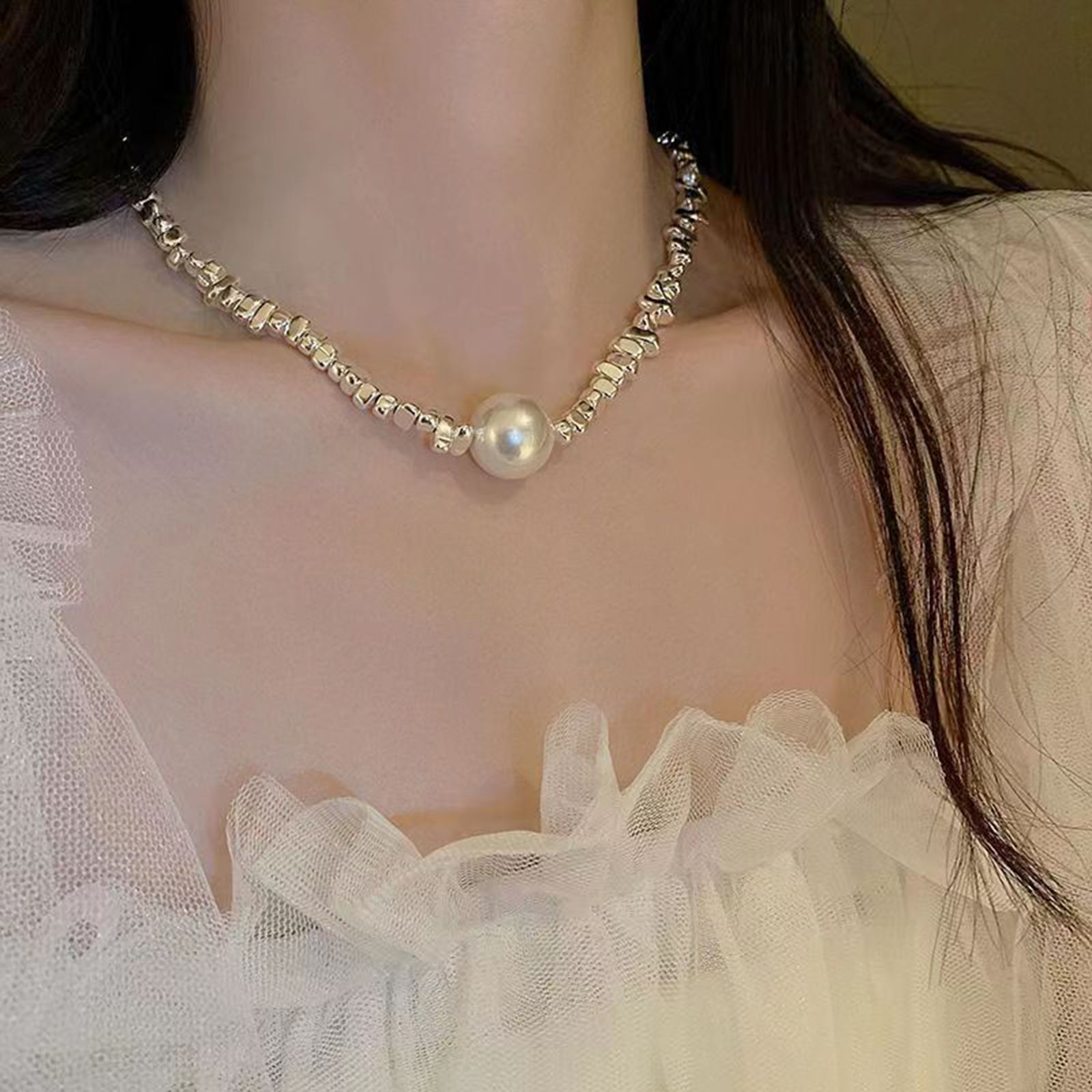 Bild von Stilvoll Perlenkette Versilbert Imitat Perle 1 Strang