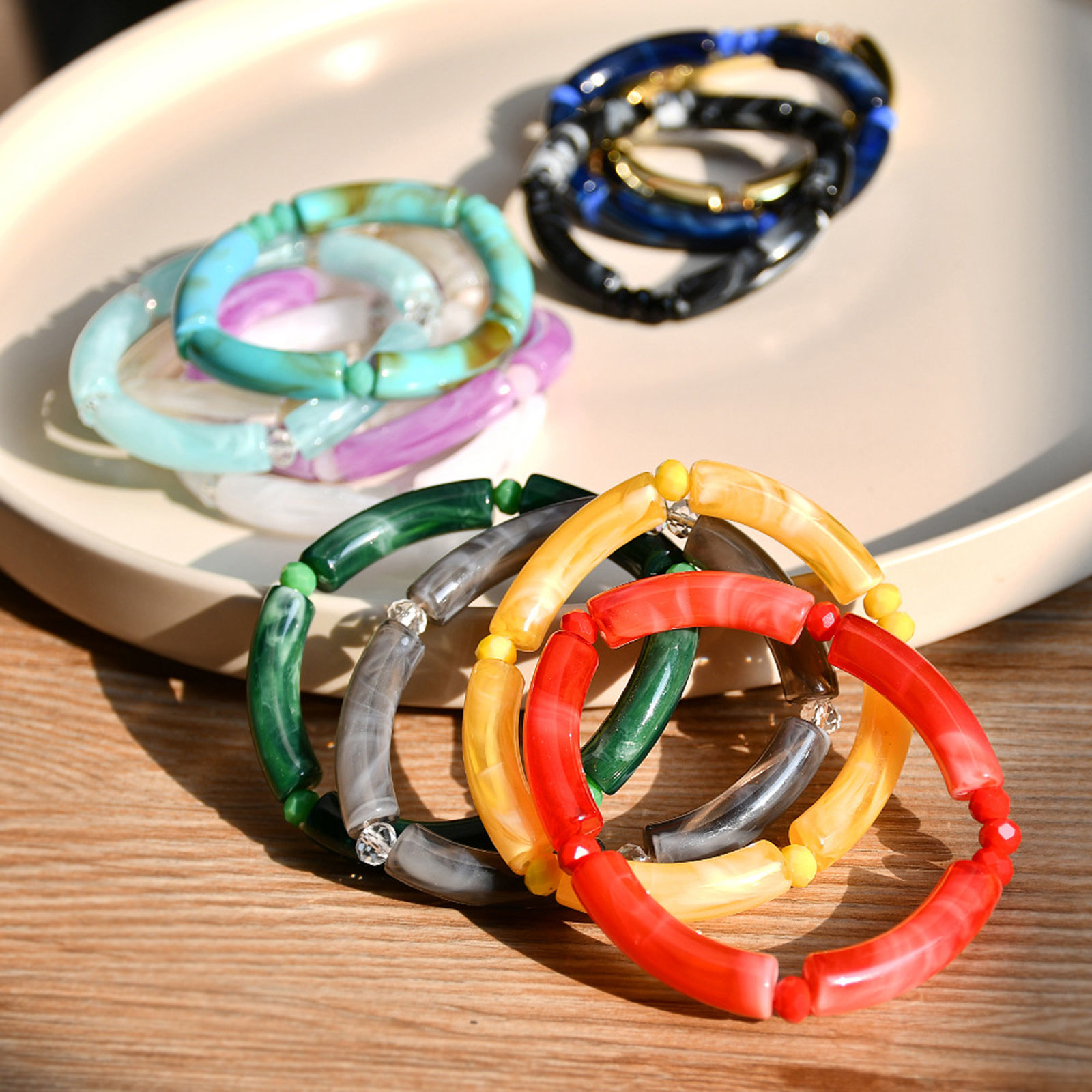 Picture of Acrylic Retro Bangles Bracelets Multicolor Curved Tube Elastic
