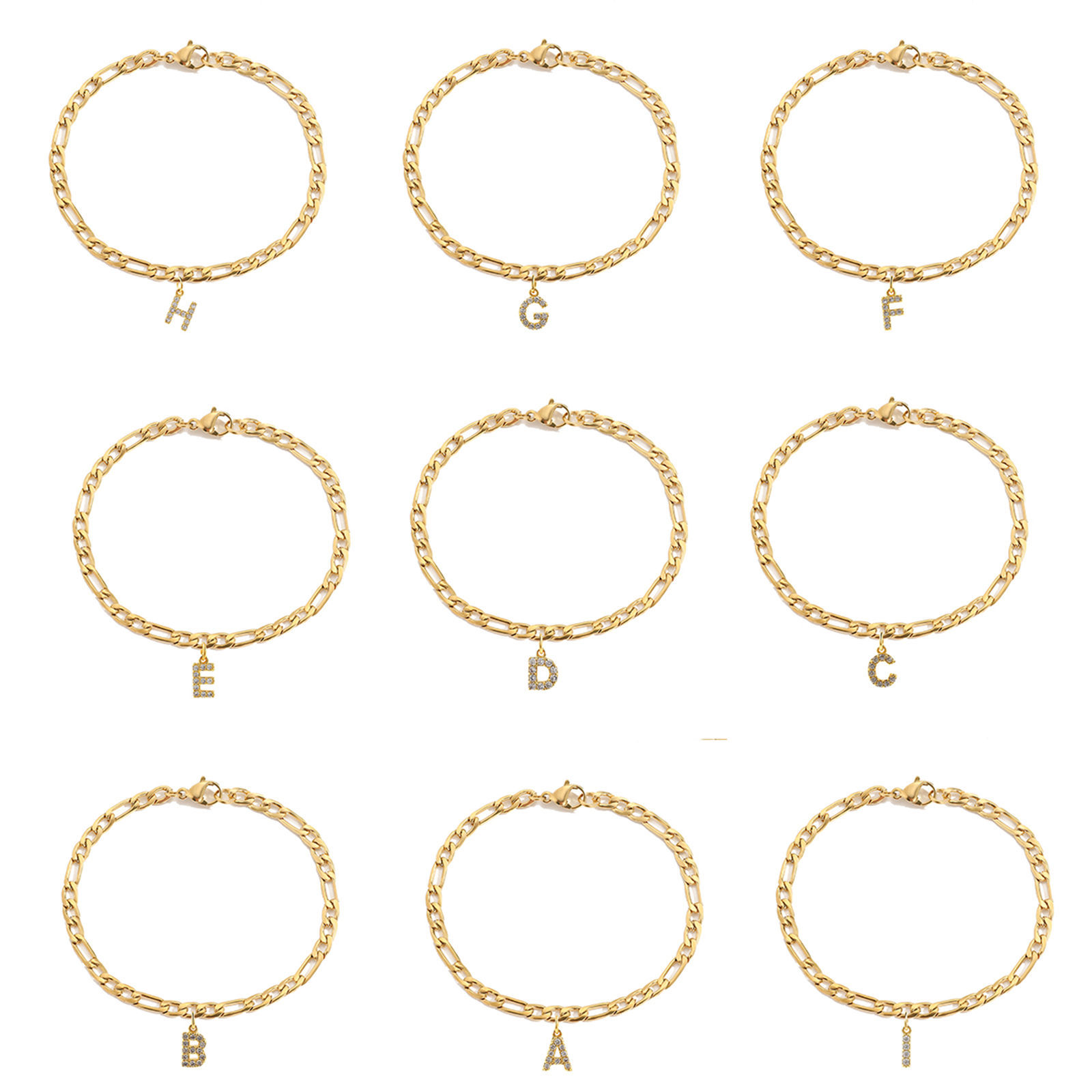 Bild von Eco-friendly Vacuum Plating Simple & Casual Stylish 14K Real Gold Plated 304 Stainless Steel & Cubic Zirconia Figaro Chain Initial Alphabet/ Capital Letter Message " A-Z " Charm Bracelets For Women Birthday
