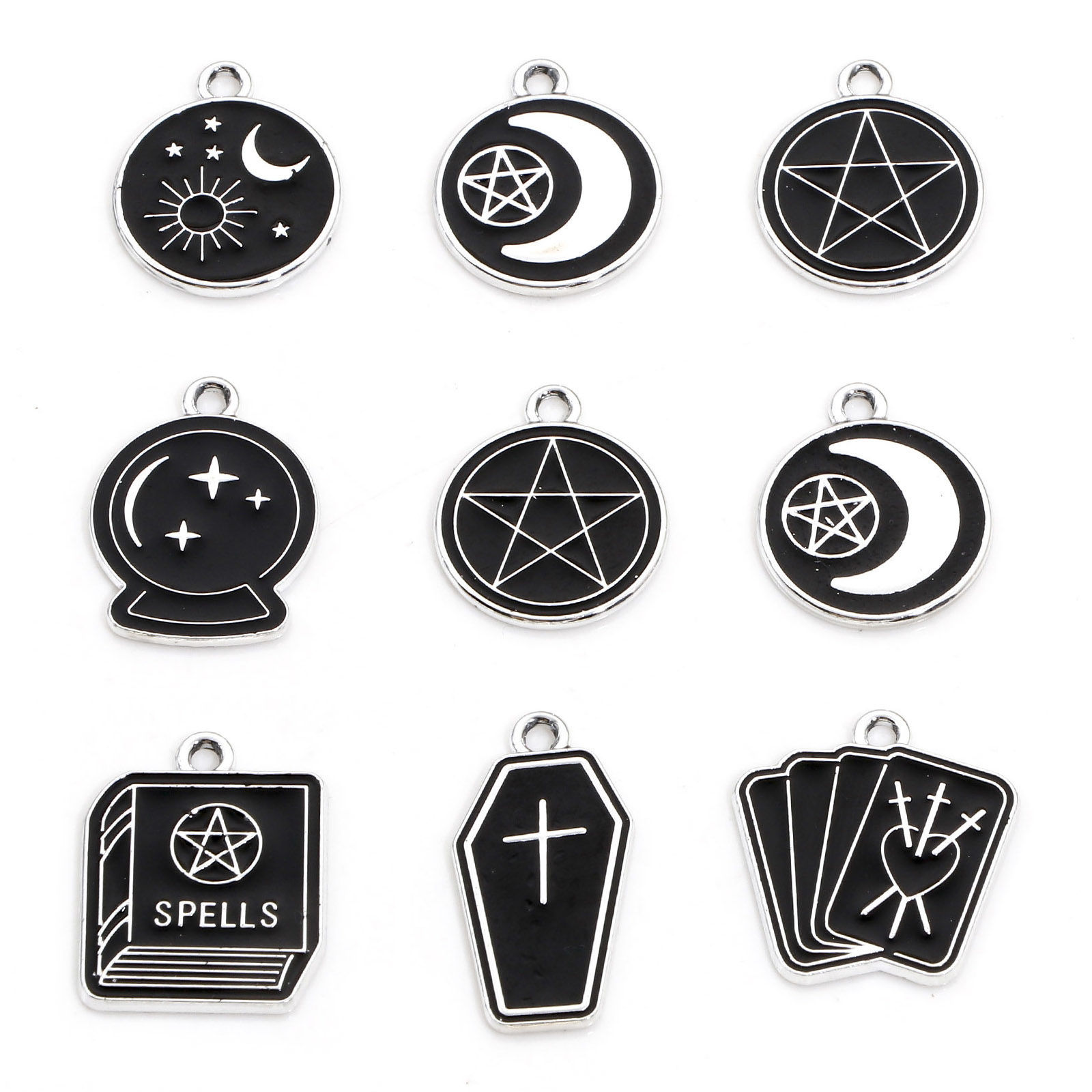 Picture of Zinc Based Alloy Halloween Charms Silver Tone Black Round Sun & Moon Enamel