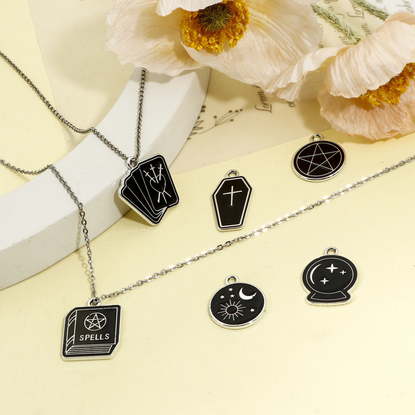 Picture of Zinc Based Alloy Halloween Charms Silver Tone Black Round Sun & Moon Enamel