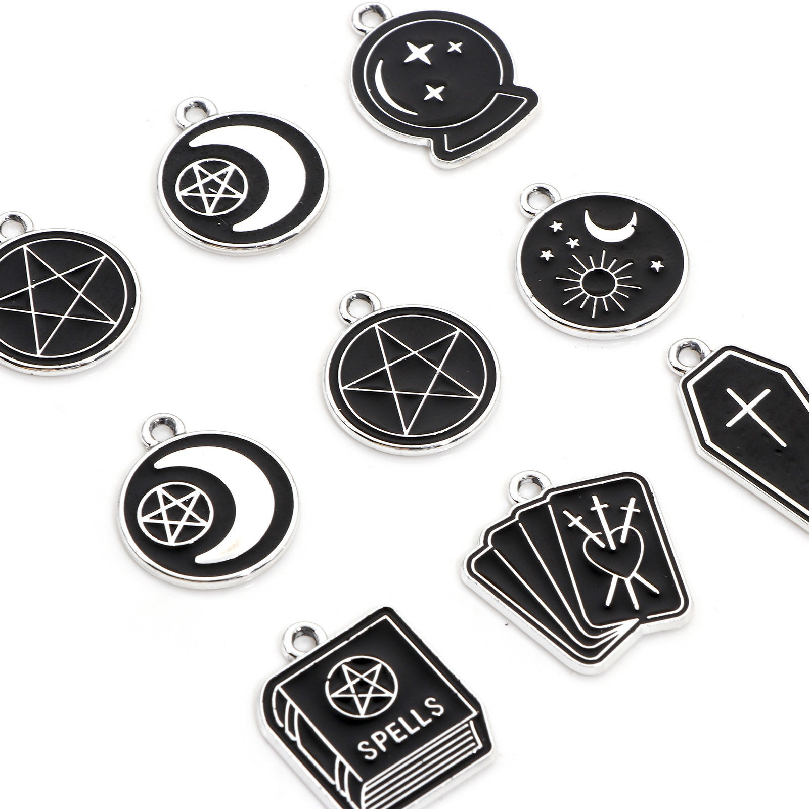 Picture of Zinc Based Alloy Halloween Charms Silver Tone Black Round Sun & Moon Enamel