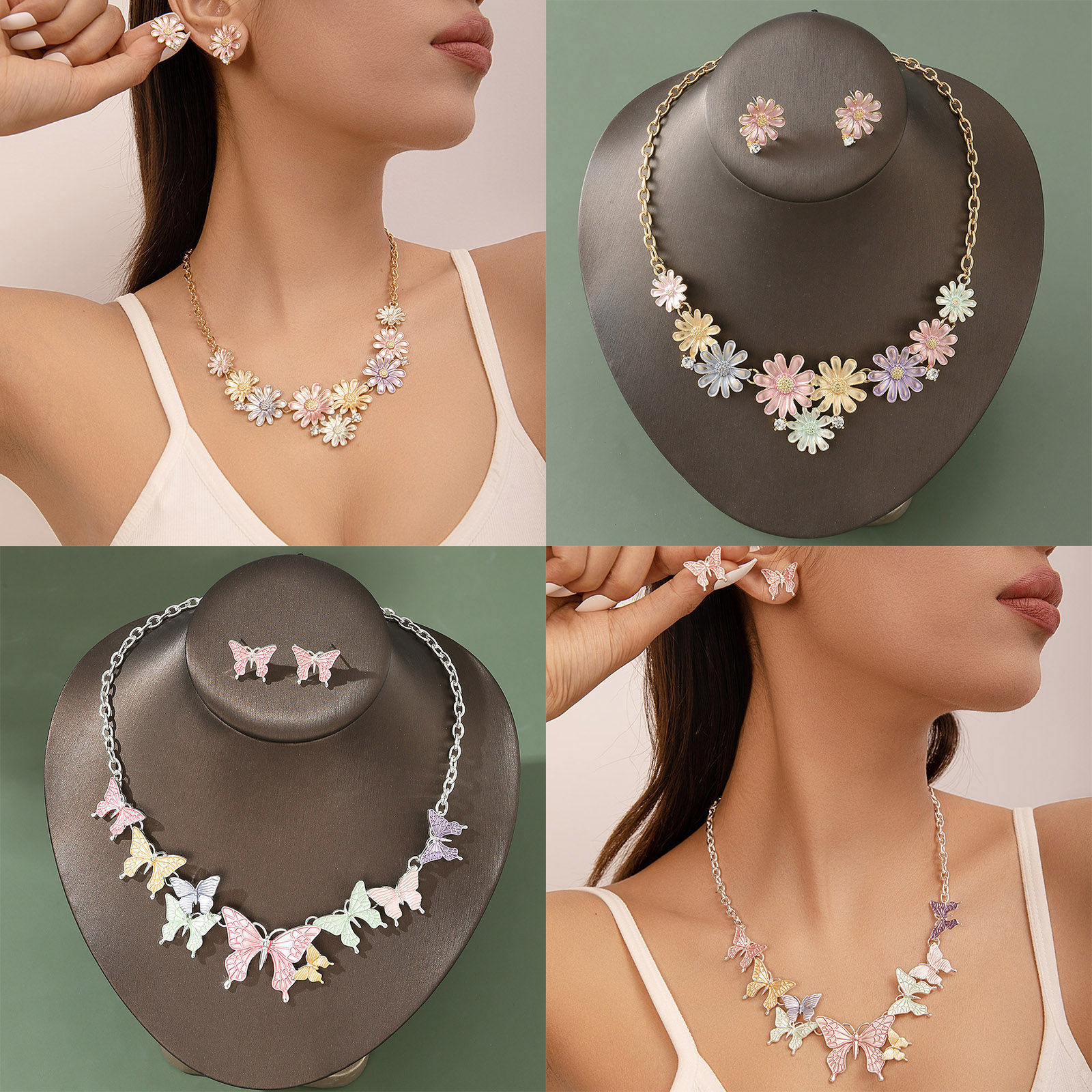 Picture of Stylish Jewelry Necklace Stud Earring Set Multicolor Butterfly Animal Daisy Flower